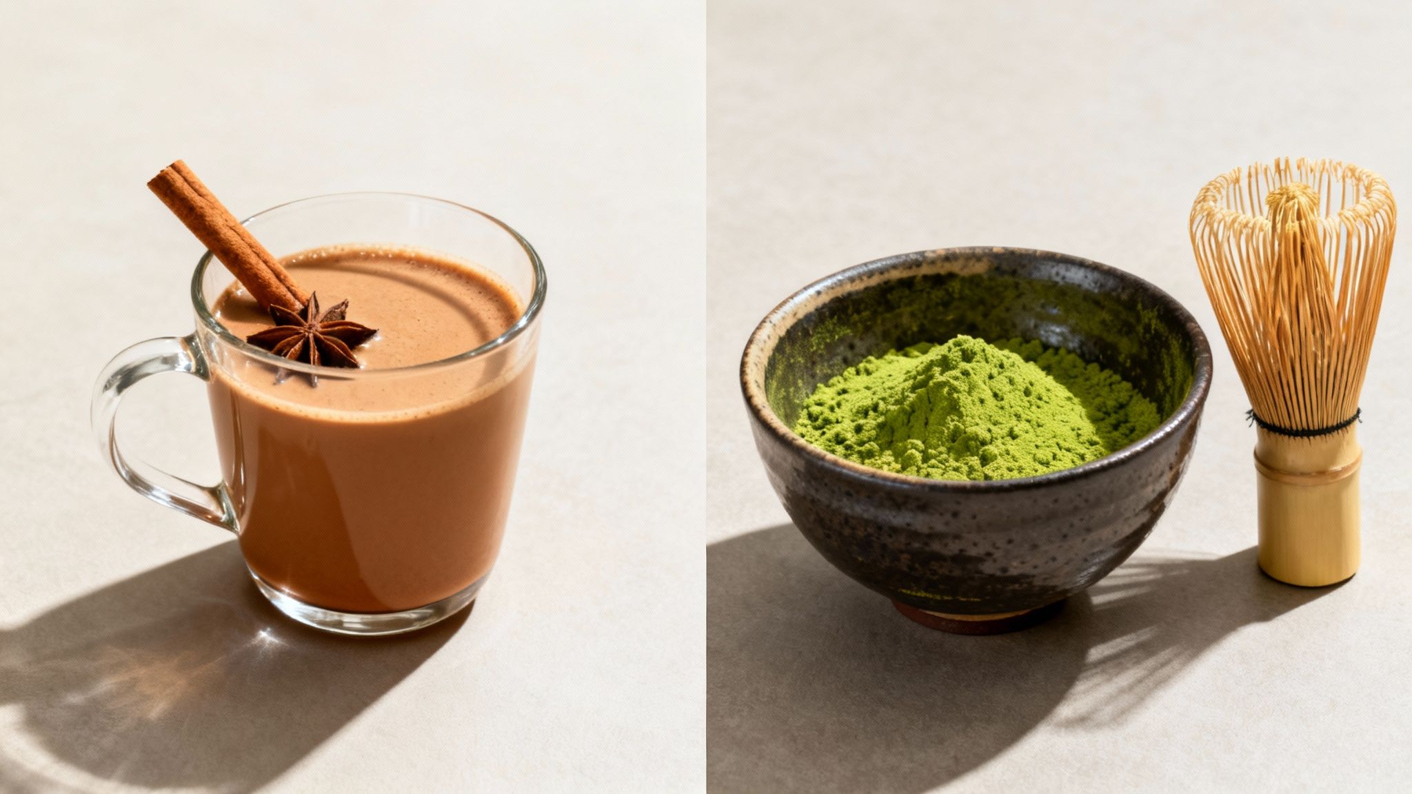 Two distinct tea types: a mug of spiced chai with cinnamon and star anise, and a bowl of vibrant green matcha powder with a whisk.