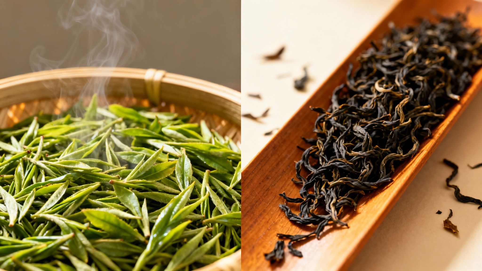 Fresh green tea leaves steaming in a bamboo basket contrasted with dried black tea on a wooden tray.