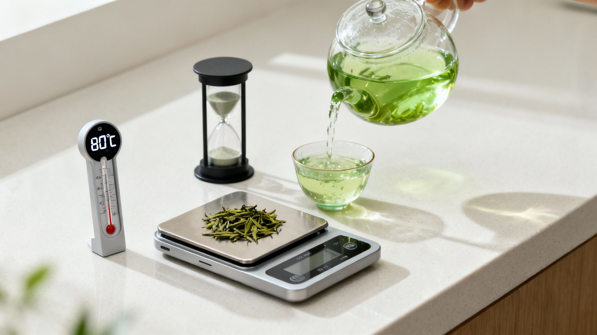 A person carefully pouring hot water over jasmine green tea leaves in a glass teapot.