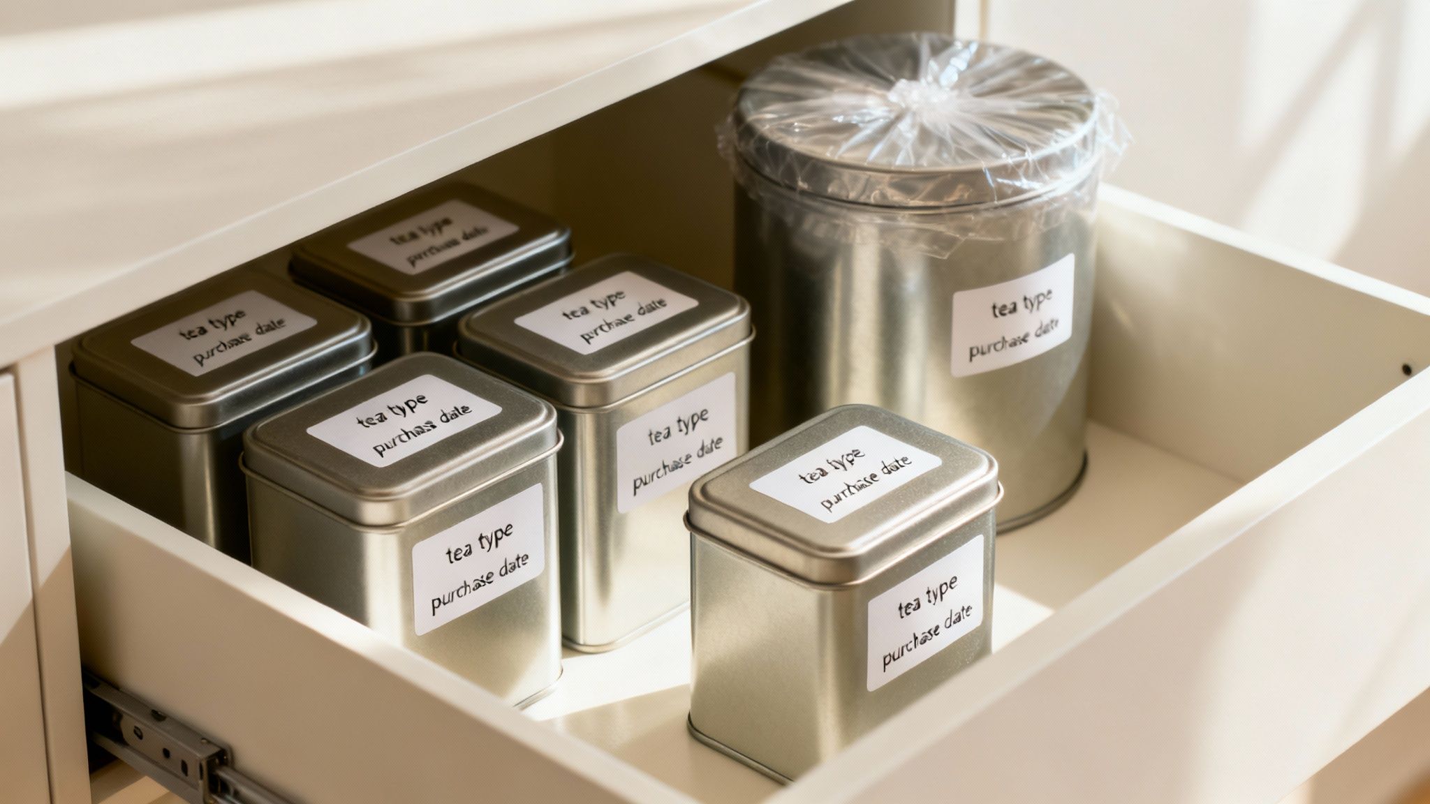Organized metal tea storage tins with labels on white pull-out drawer shelf