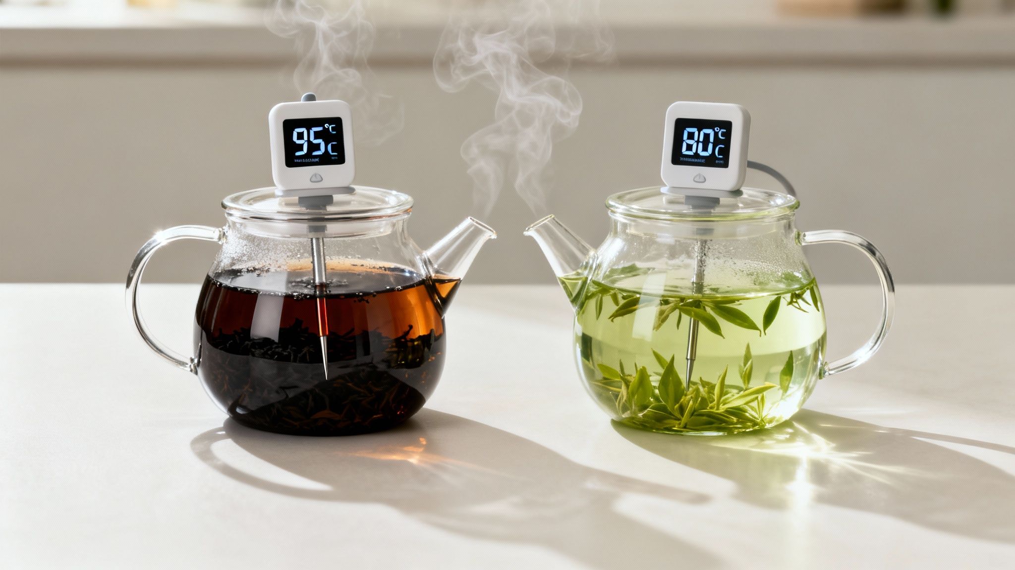 Two glass teapots, one with dark black tea at 95°C, the other with light green tea at 80°C.