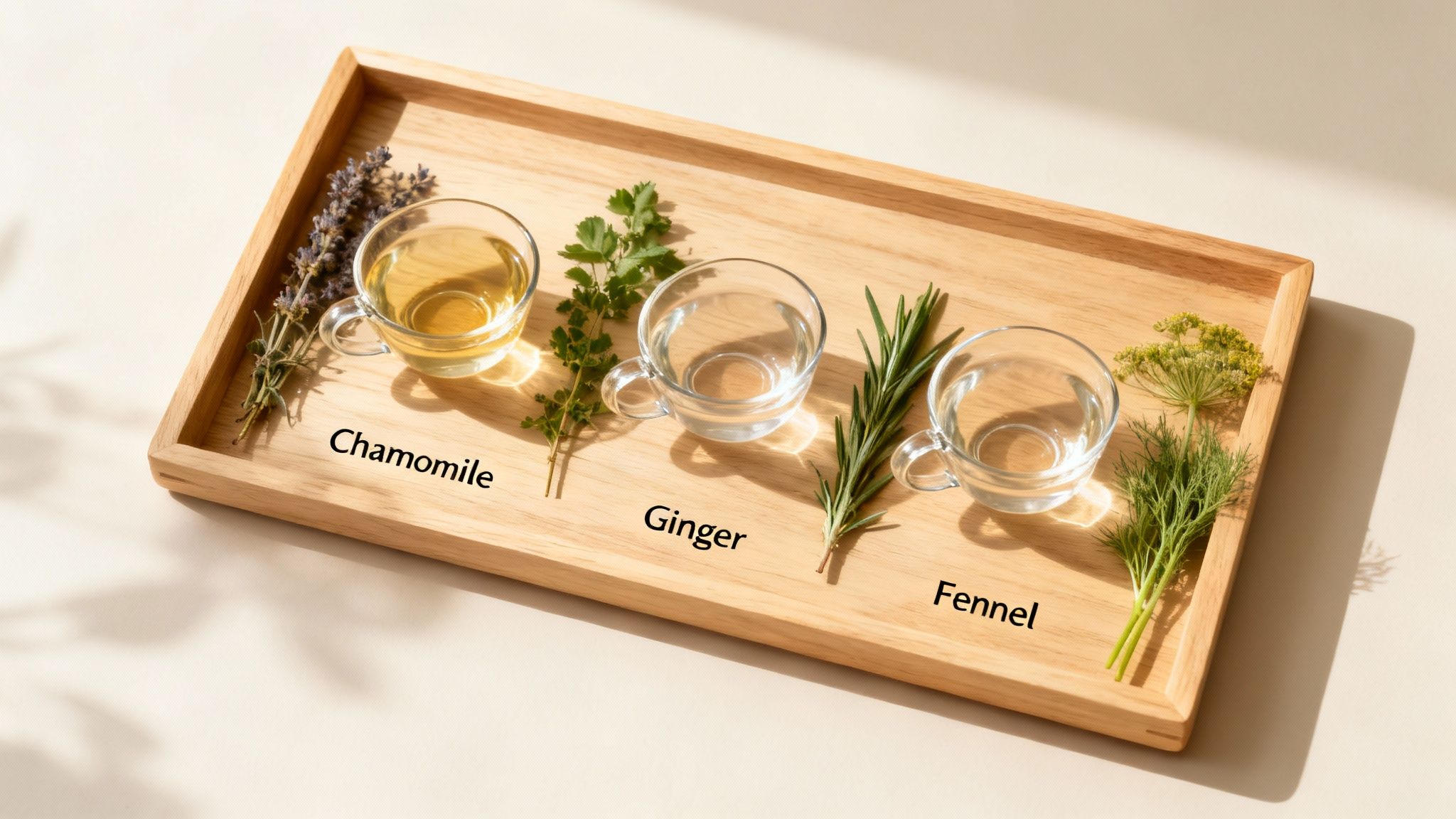 Overhead view of a wooden tray with chamomile tea, various herbs, and empty cups.