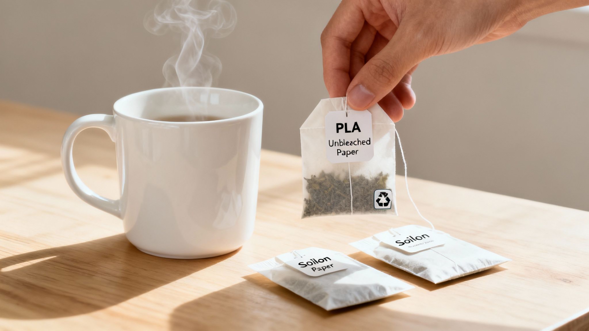 Hand holding biodegradable PLA unbleached paper tea bag next to steaming mug and Soilon tea bags