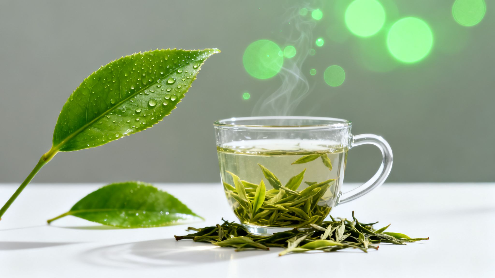 A refreshing cup of steaming green tea with fresh leaves and water droplets on a tea leaf.