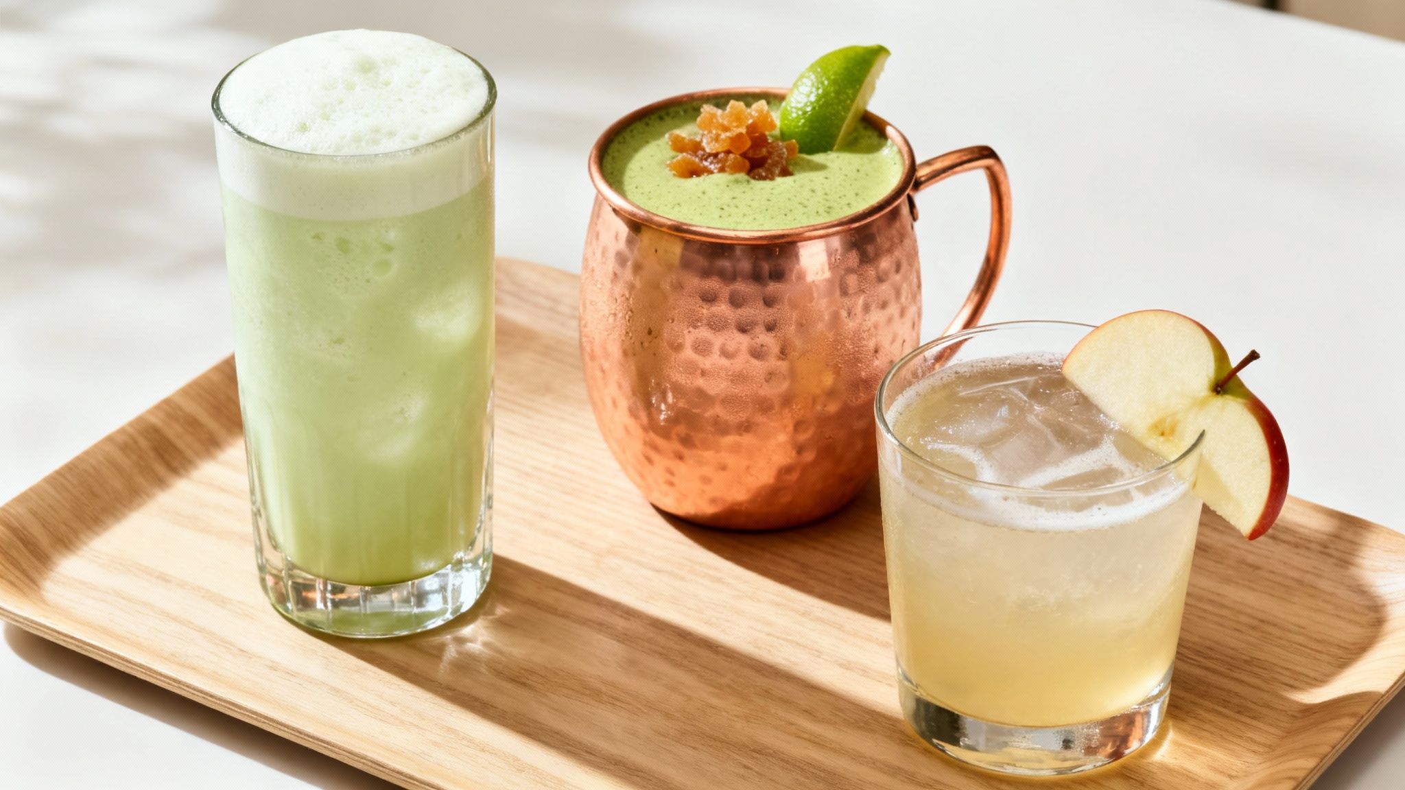 Three refreshing drinks on a wooden tray, including a matcha latte, a matcha mule, and an apple cocktail.