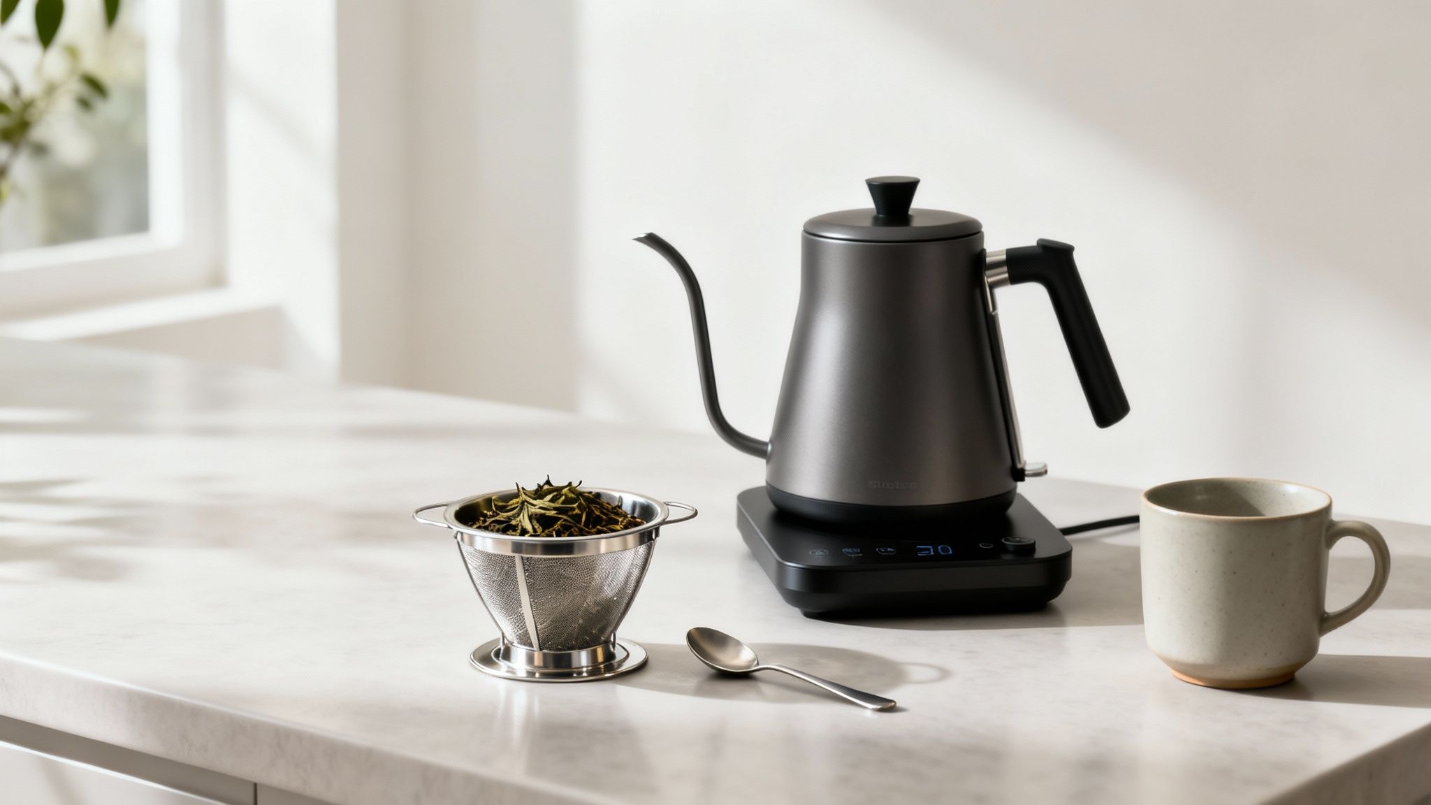 A gooseneck kettle, tea infuser with loose leaves, spoon, and mug on a counter.