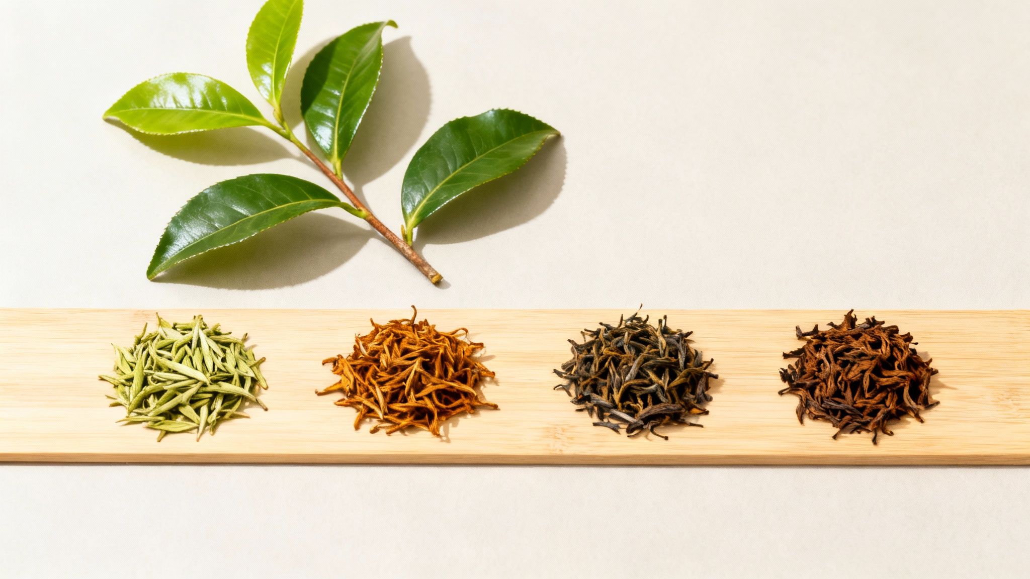 Four piles of various dried tea leaves and a fresh green tea branch on a light background.