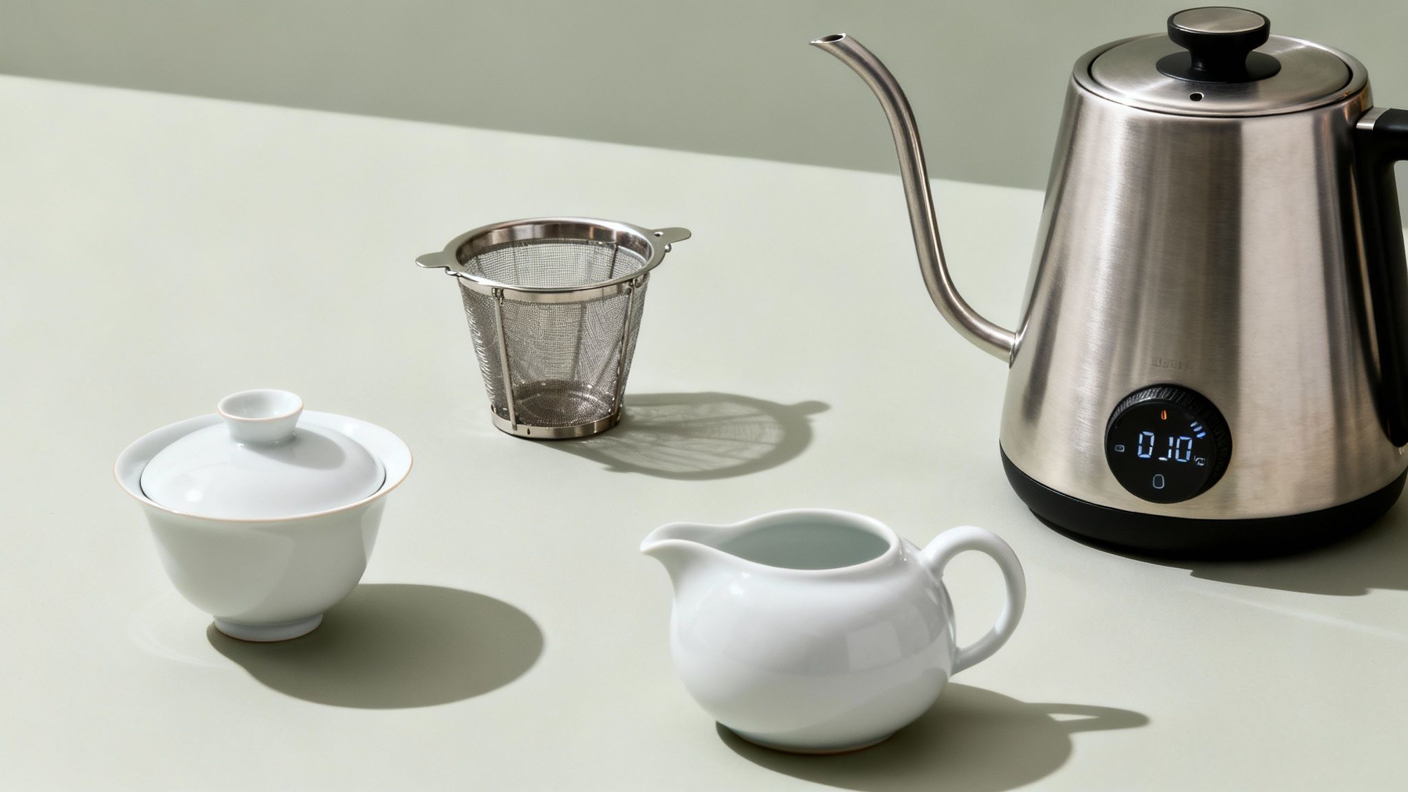 A modern tea set featuring a silver electric kettle, tea strainer, gaiwan, and small pitcher.