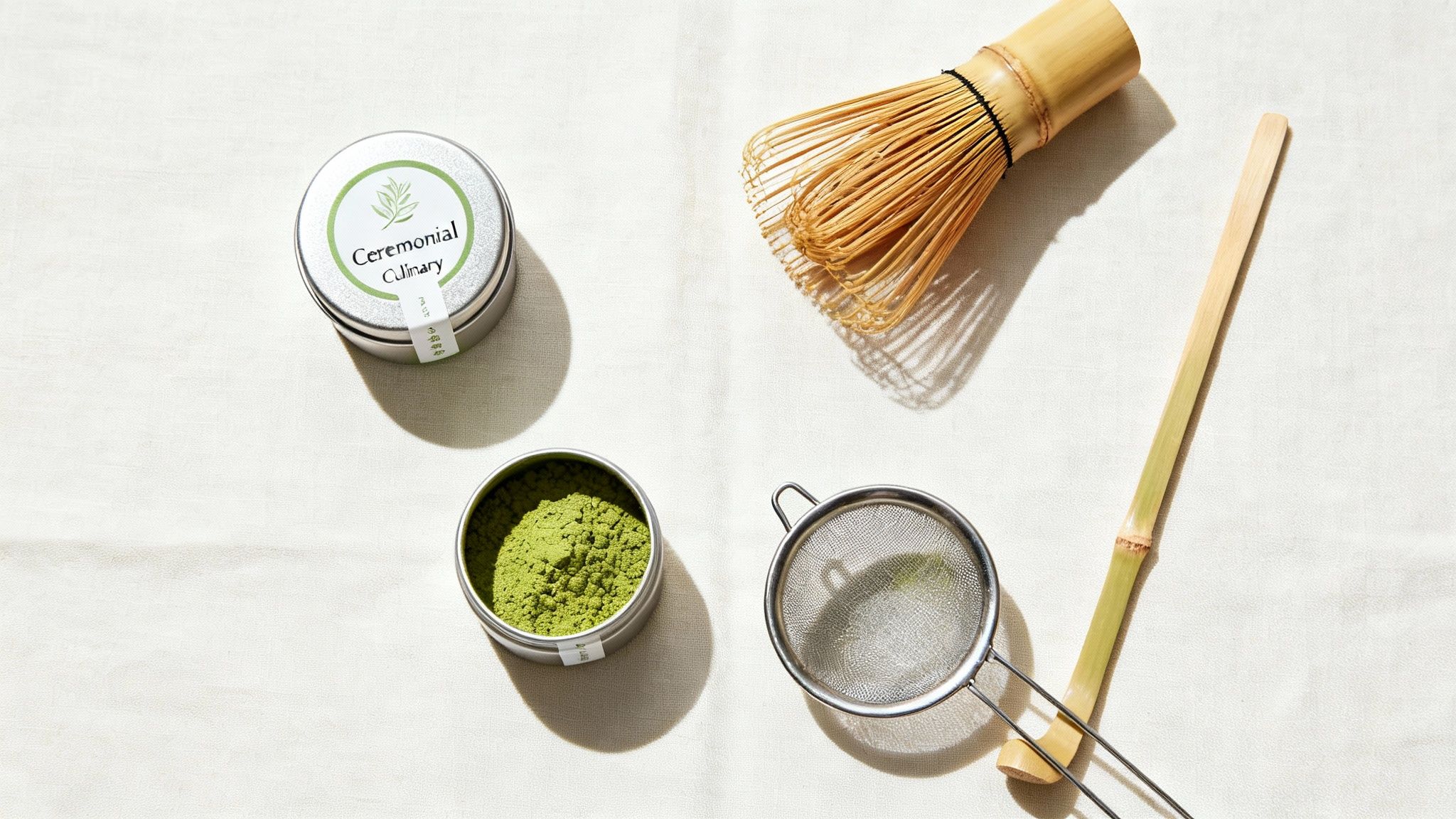 A flat lay of matcha tea powder in tins, a bamboo whisk, scoop, and sieve on a white cloth.