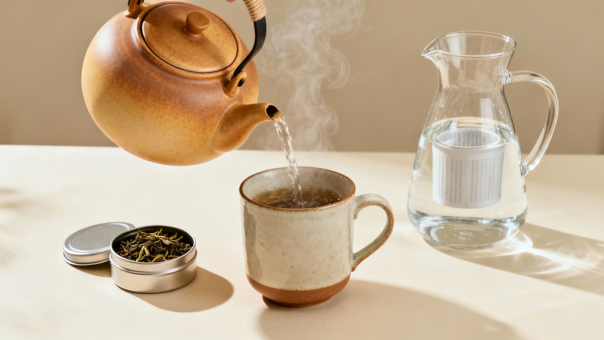 A teacup filled with freshly brewed loose leaf tea, with steam rising from it.