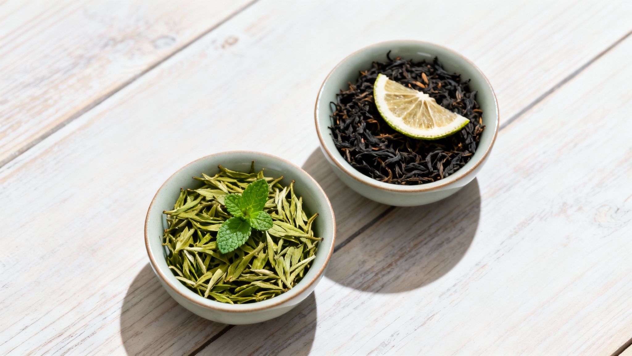 A close-up shot of green and black tea leaves arranged side-by-side, showcasing their different colours and textures.