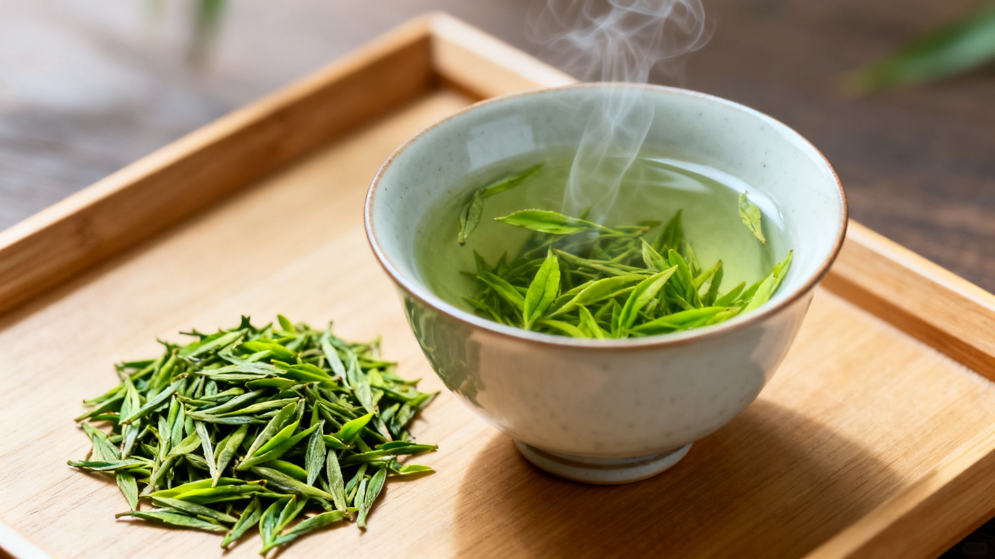 A close-up of fresh green tea leaves next to a steaming cup of brewed green tea on a wooden tray.