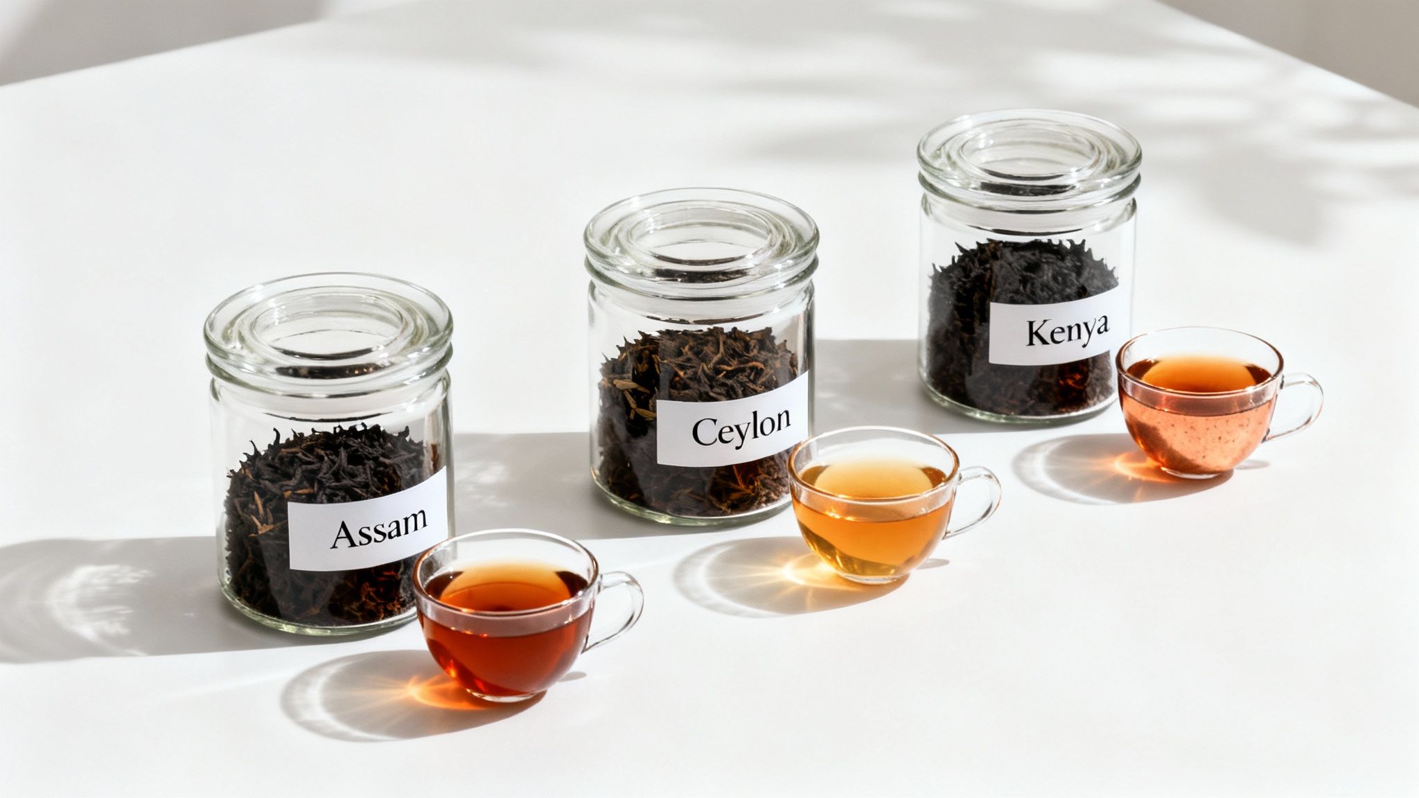 Three glass jars of loose-leaf black tea (Assam, Ceylon, Kenya) and three cups of brewed tea.