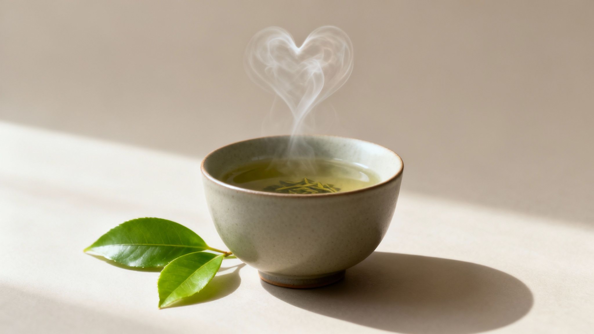 Steaming cup of sencha green tea with heart-shaped steam and fresh tea leaves