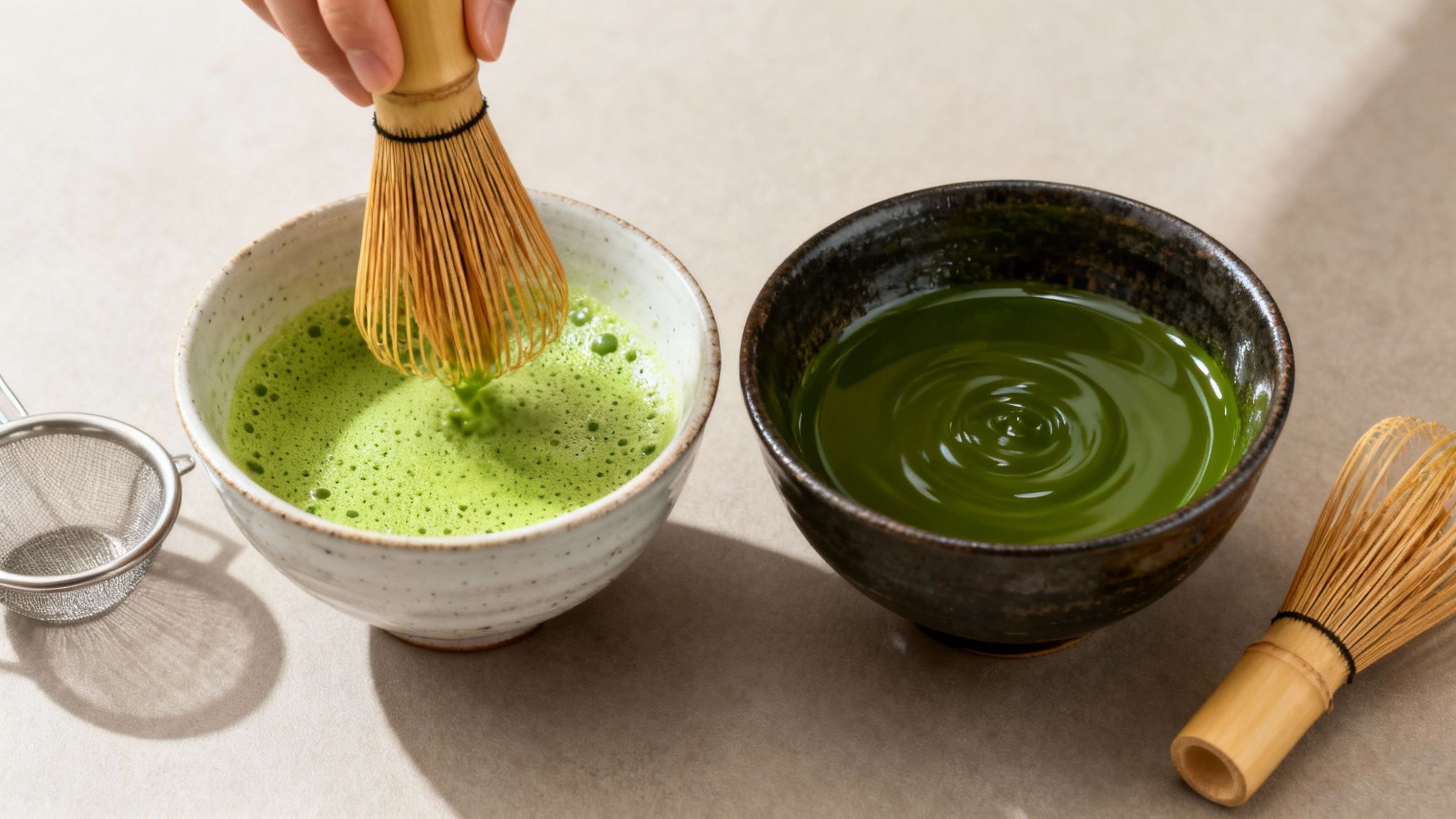 A person's hand whisks vibrant green matcha tea in a ceramic bowl, with another bowl of prepared matcha and tools nearby.