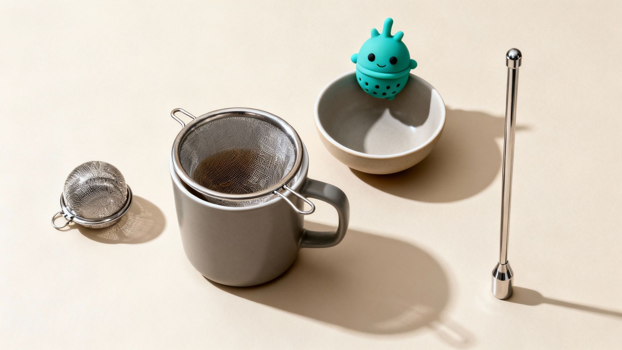 Various tea infusers and accessories on a light surface, including metal strainers and a silicone infuser.