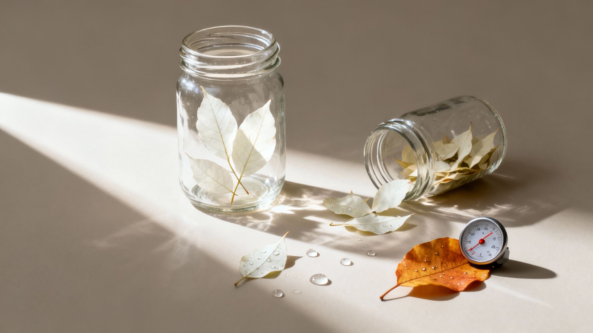 Glass jars with dried leaves, water droplets, and small gauge on neutral surface with natural lighting