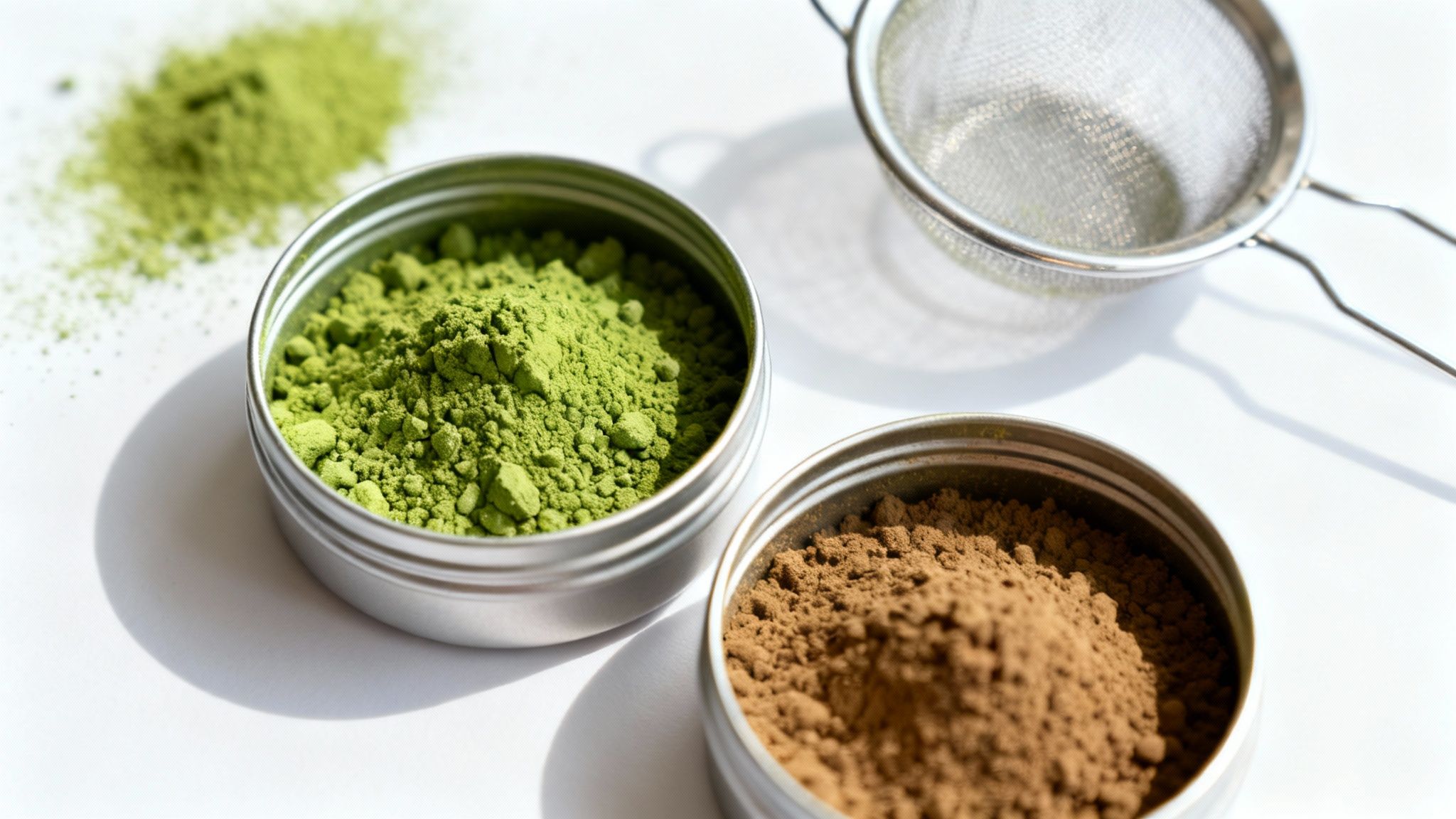 Two metal containers hold vibrant green matcha powder and brown powder, with a sieve and spilled matcha on a white surface.