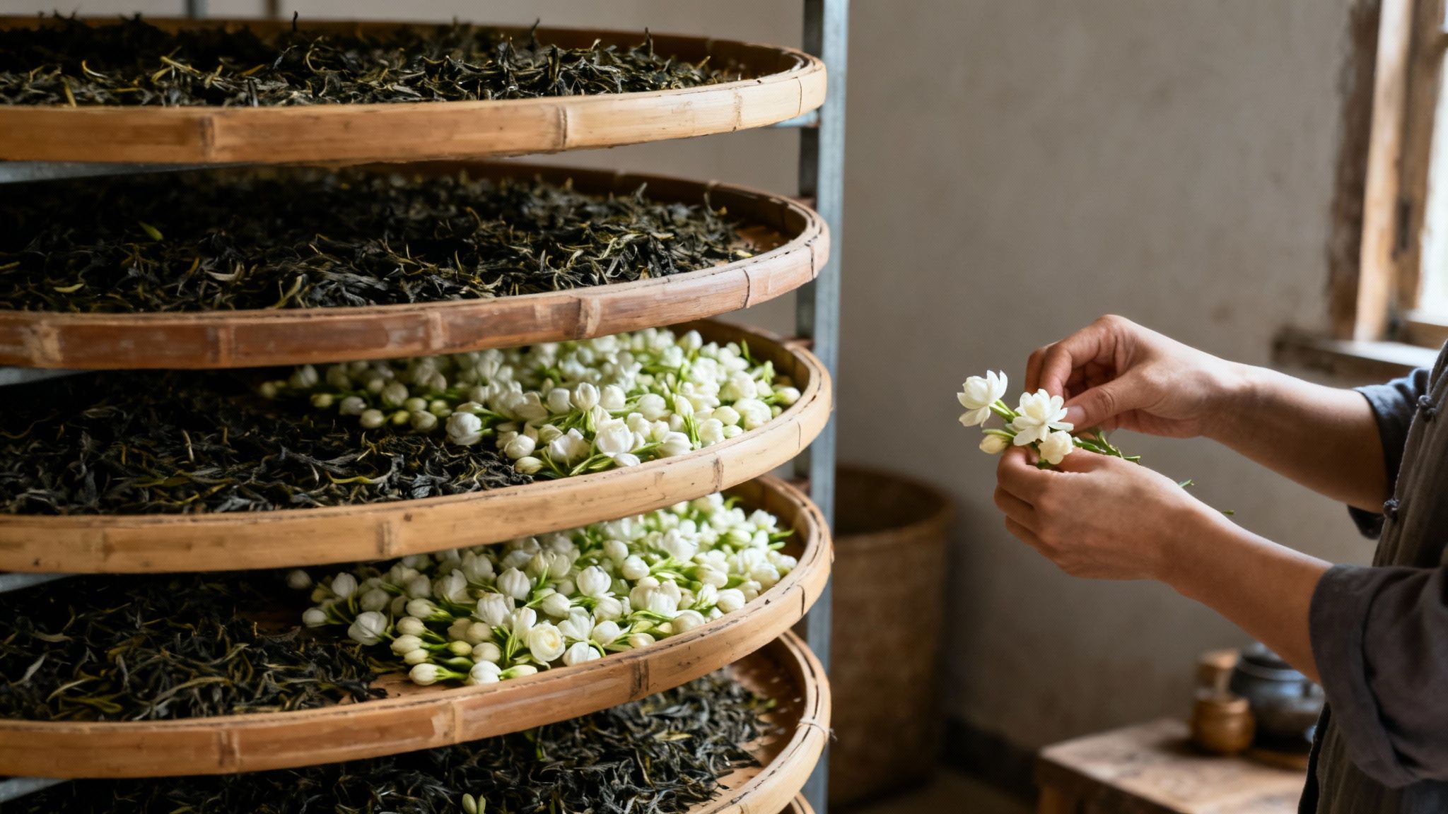 Ancient Chinese scroll depicting a traditional tea ceremony with jasmine blossoms