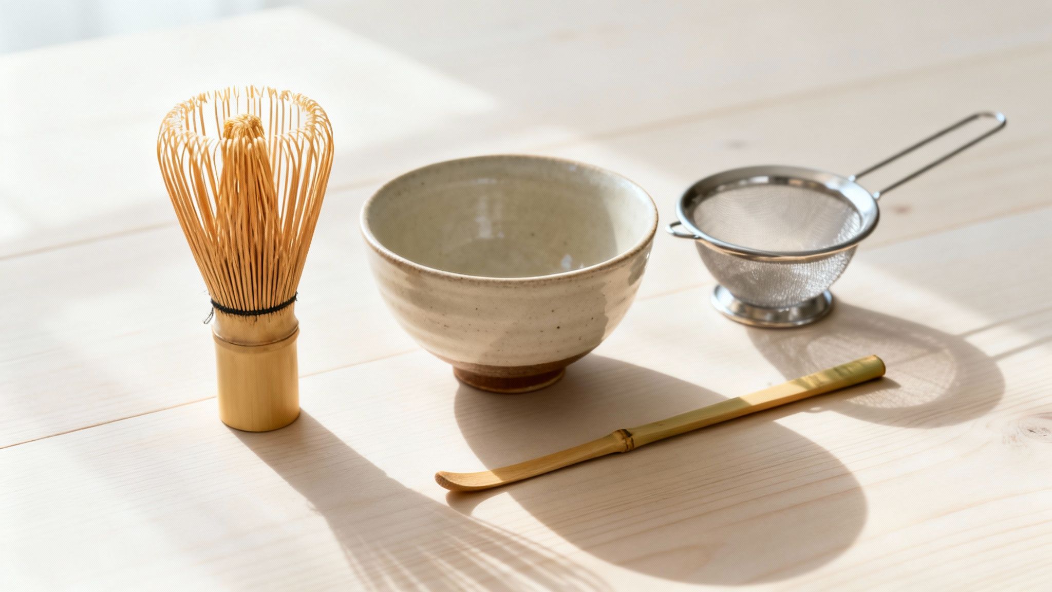 Traditional Japanese matcha tea making tools, including a whisk, bowl, sieve, and scoop on a wooden table.