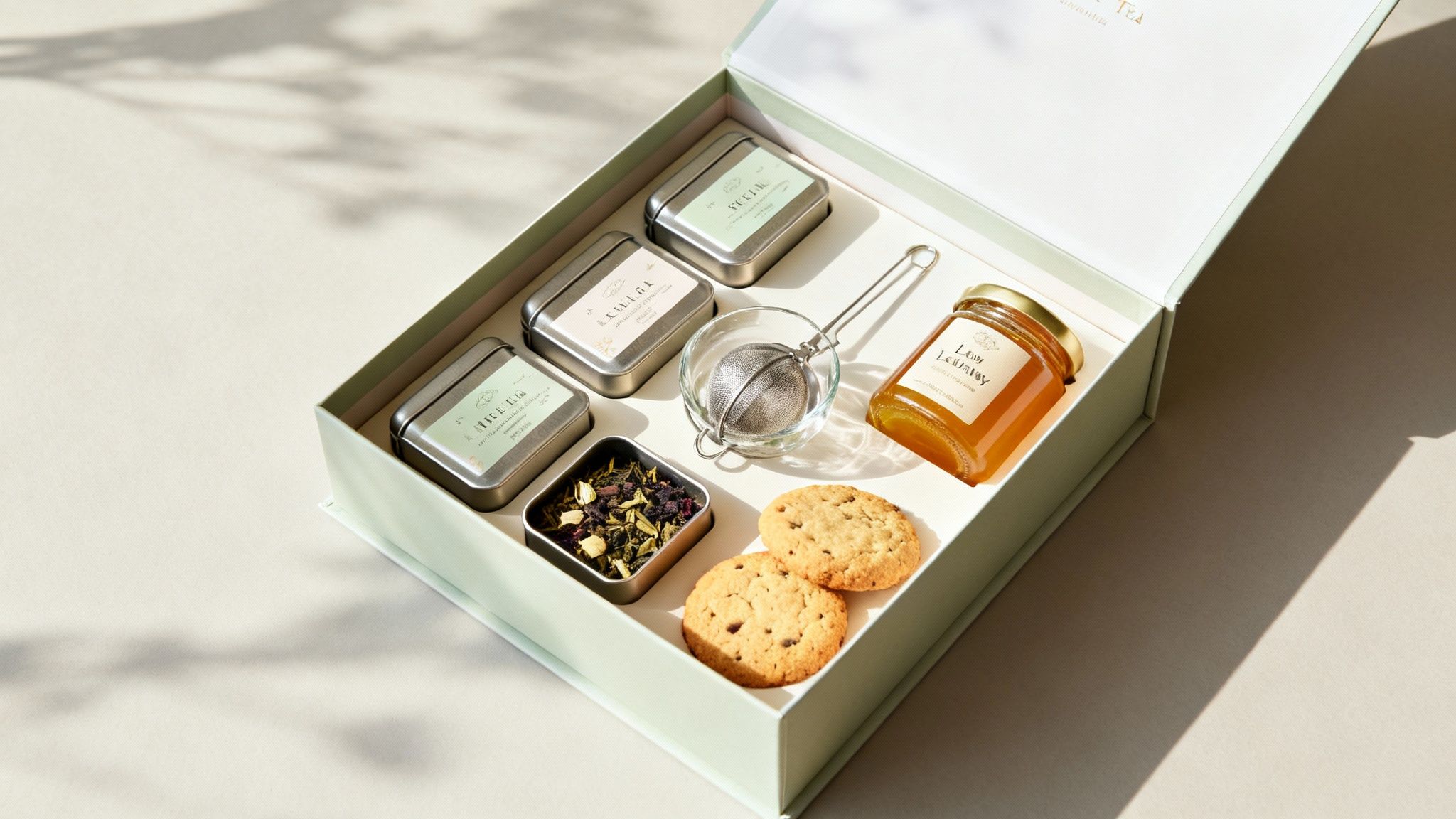 A beautifully arranged tea gift set with a teapot, cups, and various tea accessories.