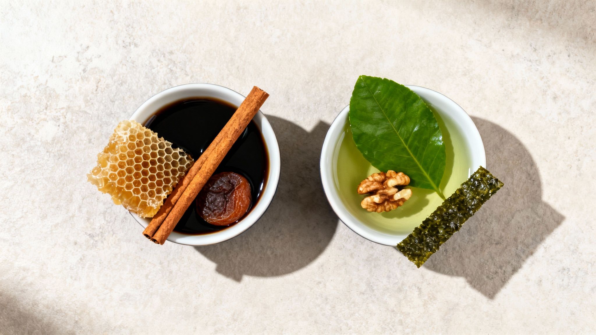Overhead view of two bowls with black and green tea ingredients on a light table.