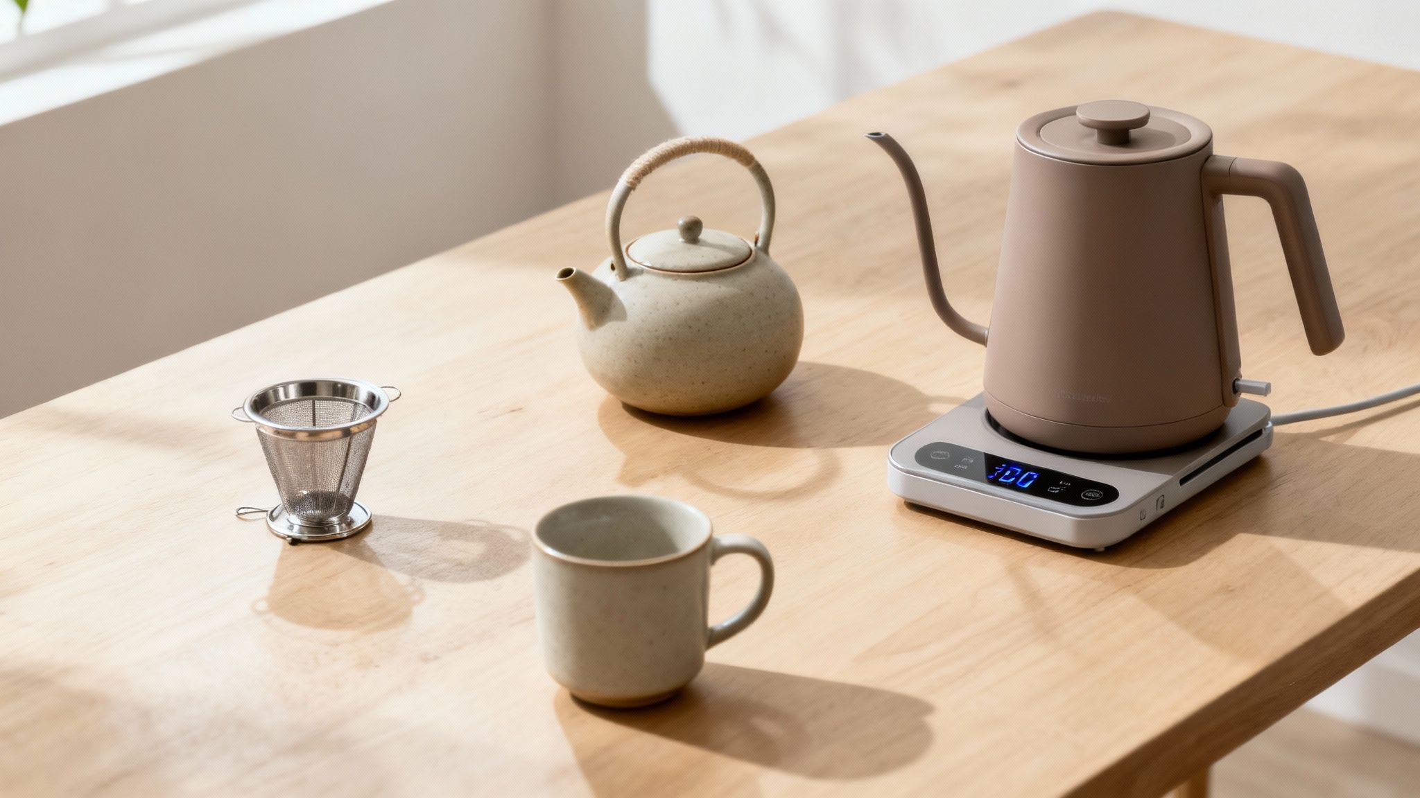 An elegant tea brewing setup including a glass teapot, an infuser, and a cup on a wooden tray.