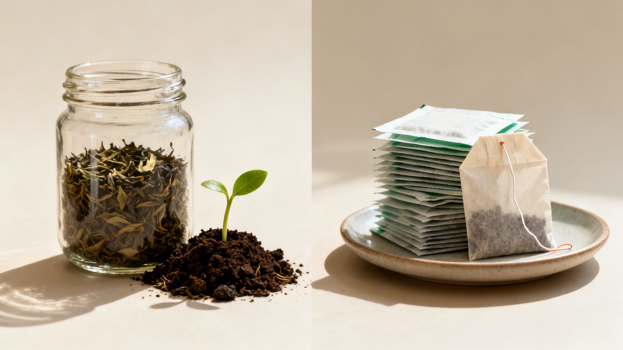 A jar of loose leaf tea and a seedling, juxtaposed with a stack of tea bags on a plate.