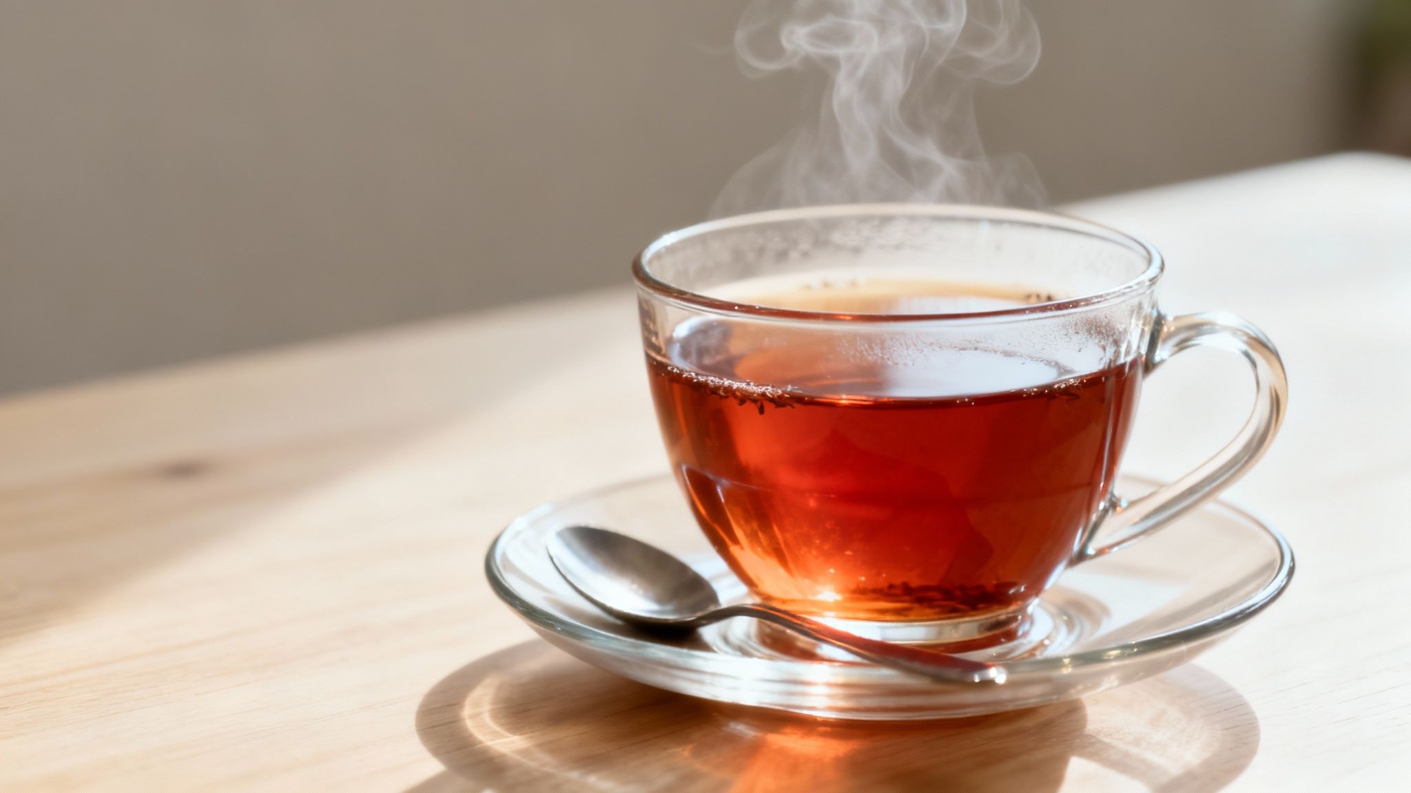 A steaming cup of rooibos tea in a clear glass mug, with loose-leaf rooibos tea scattered around the base.