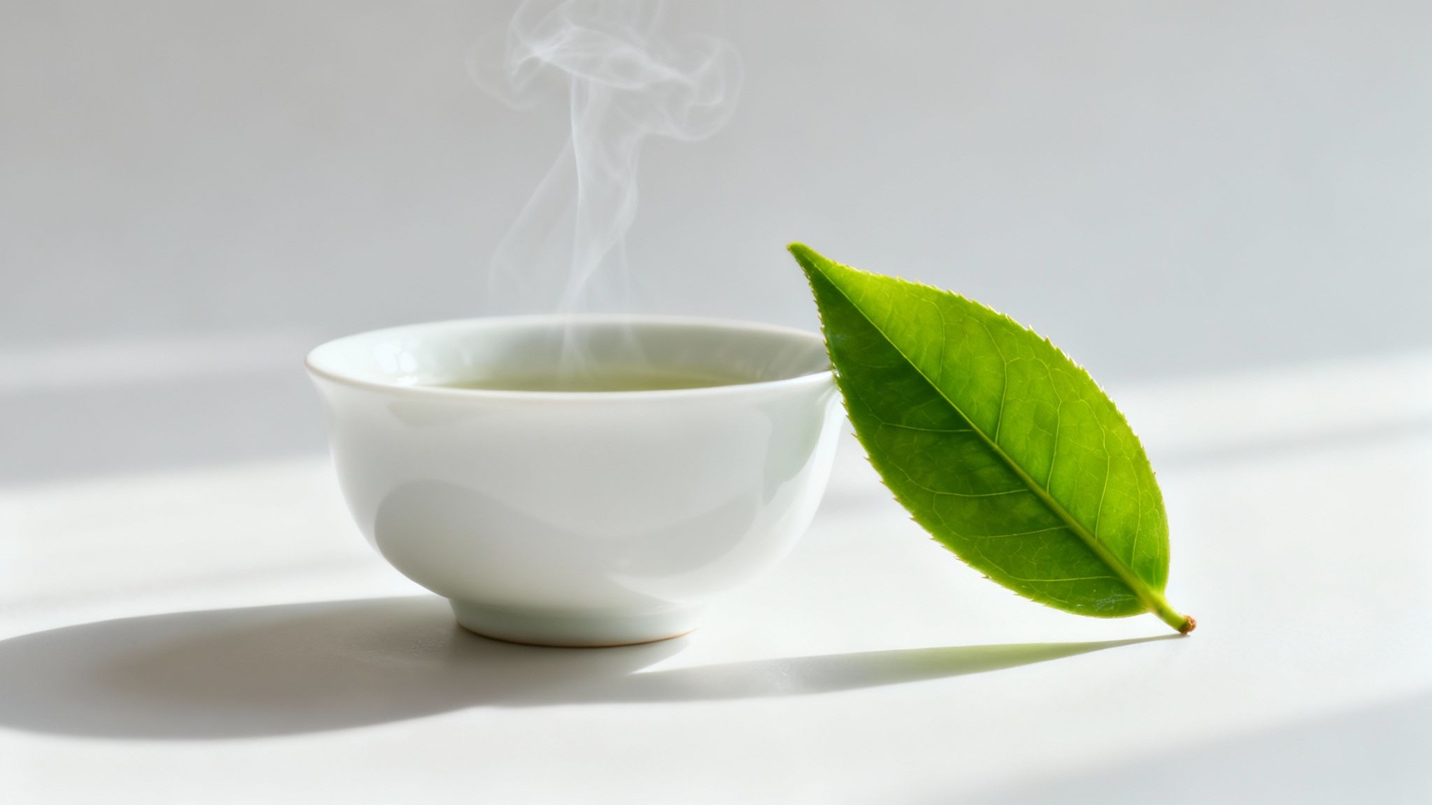 A beautiful, minimalist setup for brewing loose leaf tea, showing a clear teapot, a cup, and dried tea leaves.