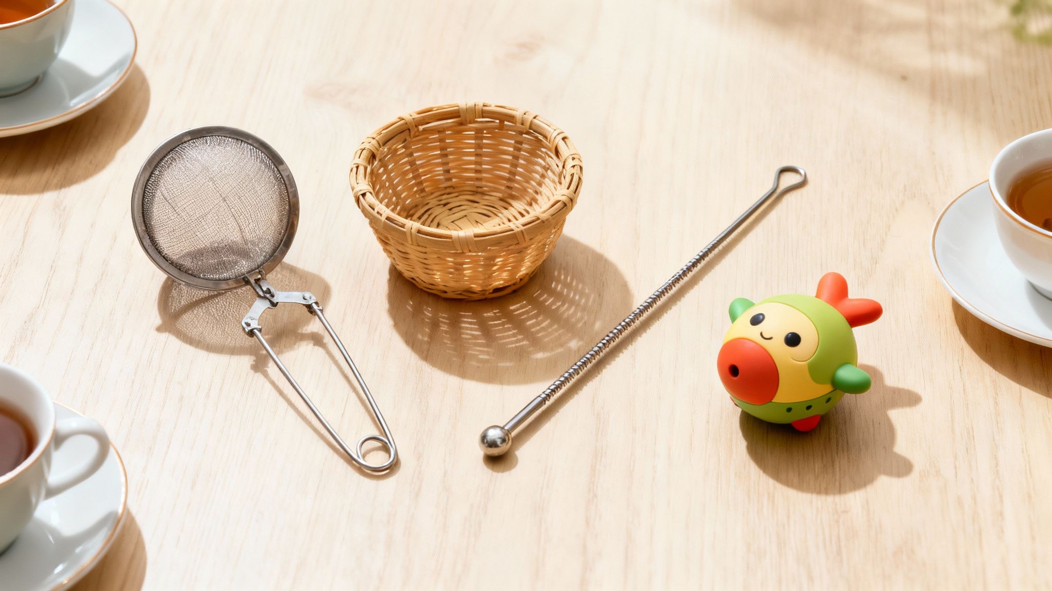 A flat lay of various tea accessories: a metal infuser, a basket, a stirrer, and a cute animal infuser.