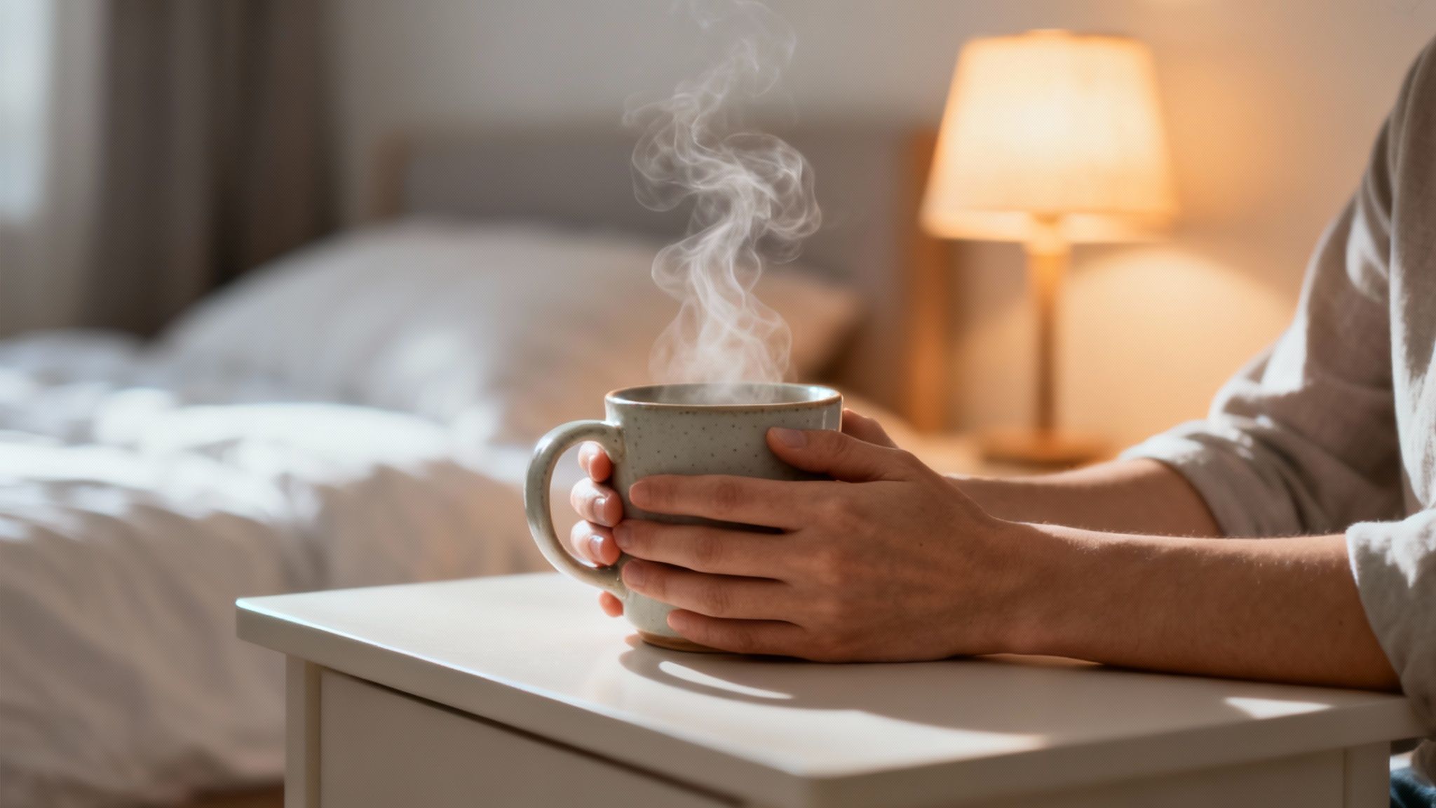 A person pouring steaming hot tea into a mug next to a teapot and some loose tea leaves.