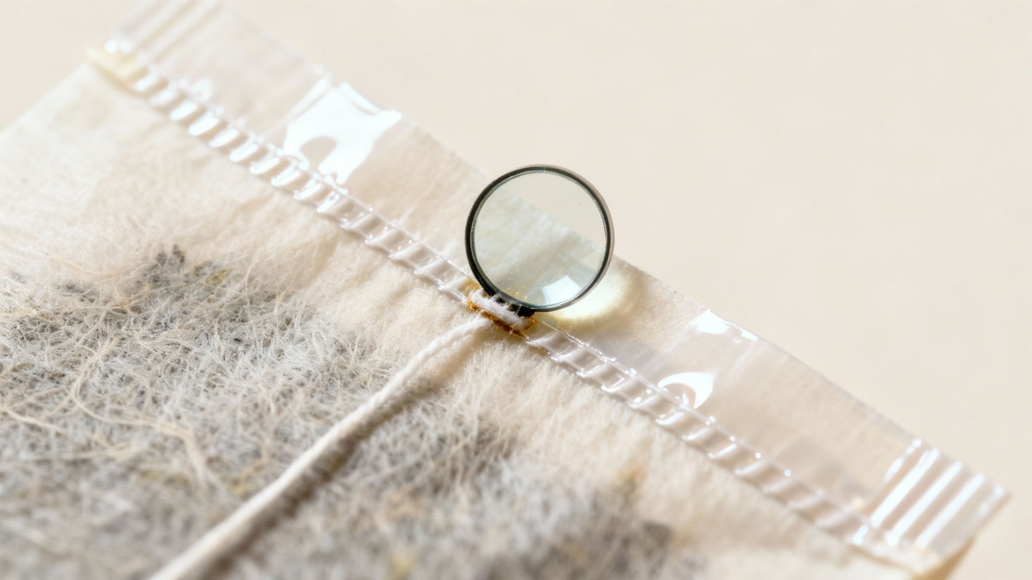 Simple gold wedding ring placed on natural linen fabric with delicate lace trim detail