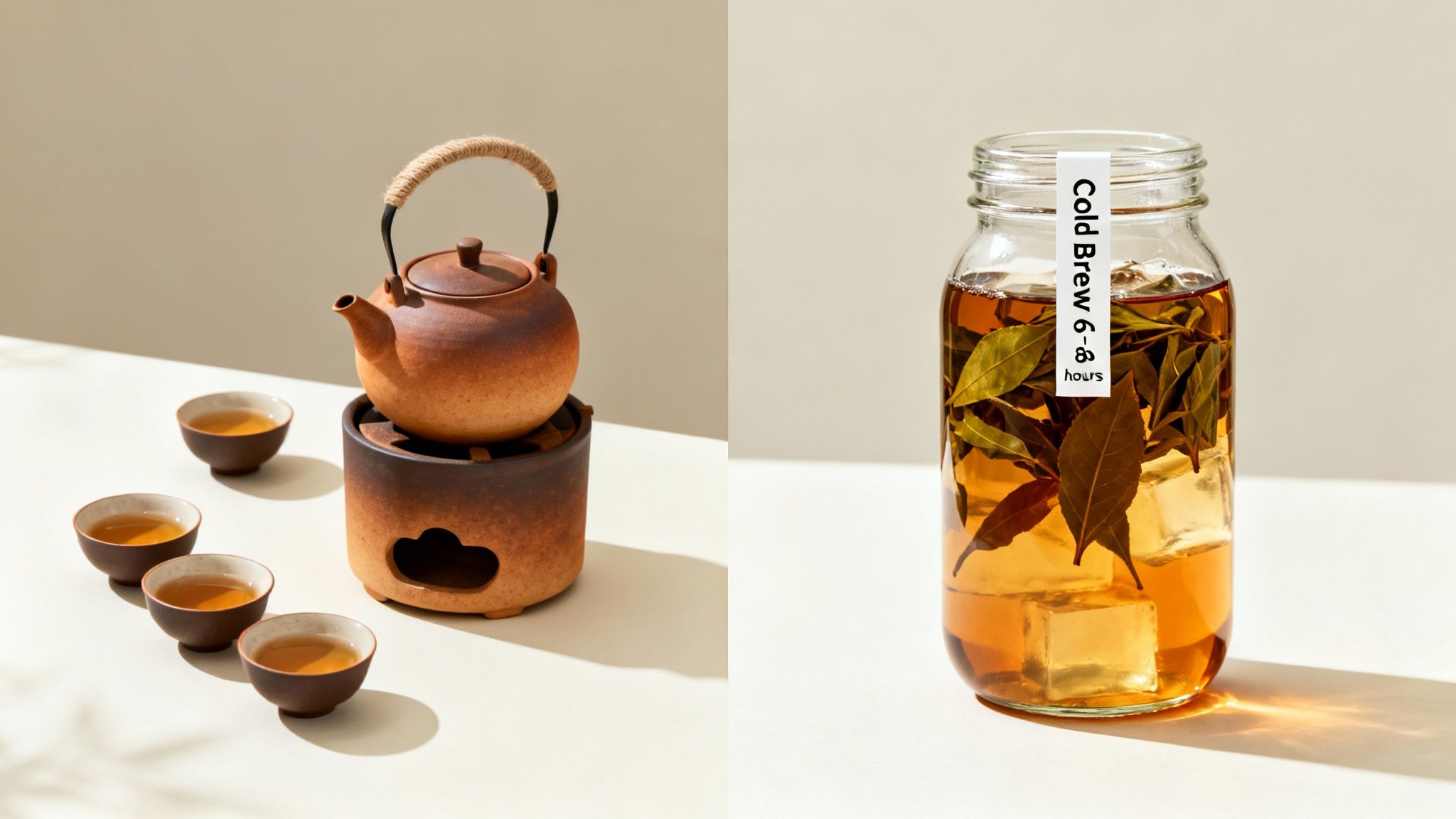 A traditional teapot and cups for hot tea, alongside a modern cold brew bottle with leaves and ice.