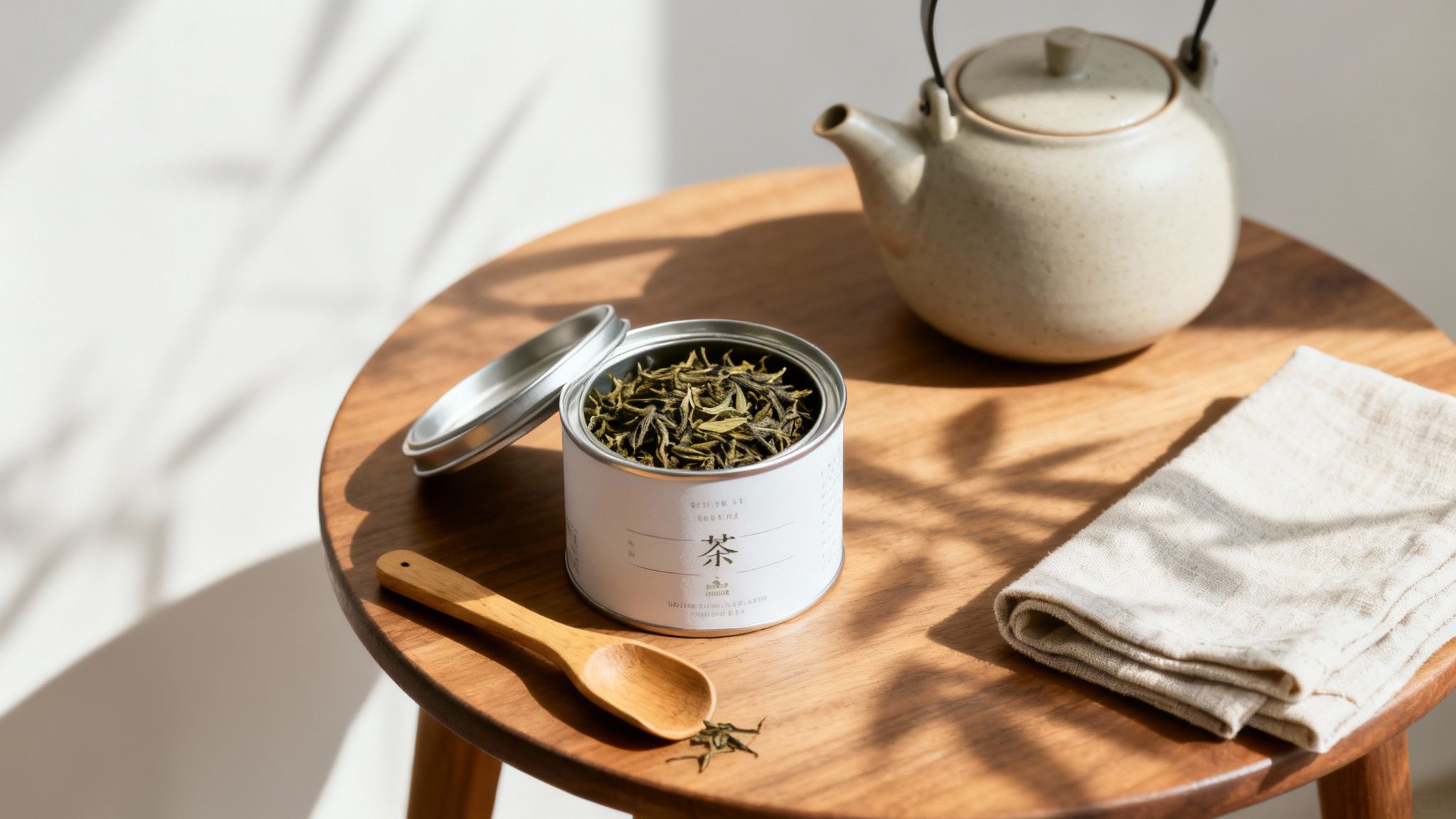 A close-up shot of various types of organic loose tea leaves in wooden bowls, showcasing their textures and colours.