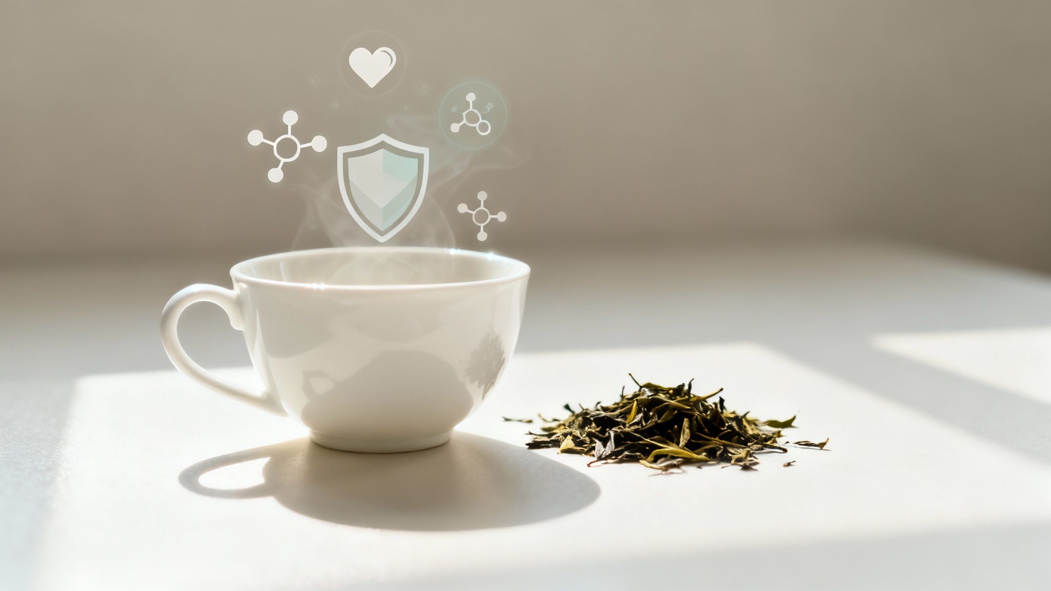 A person holding a clear glass cup of green tea, with loose tea leaves visible inside.