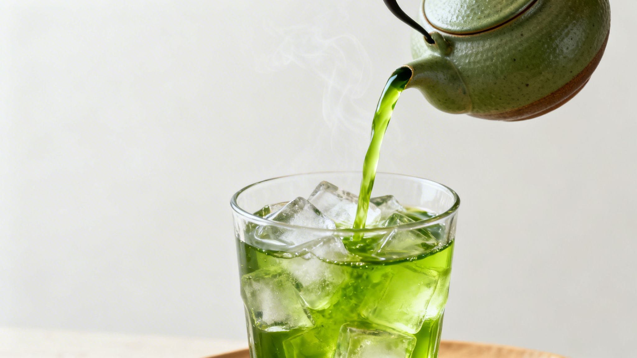 Vibrant green tea is poured from a traditional teapot into a glass full of ice, creating a refreshing iced drink.