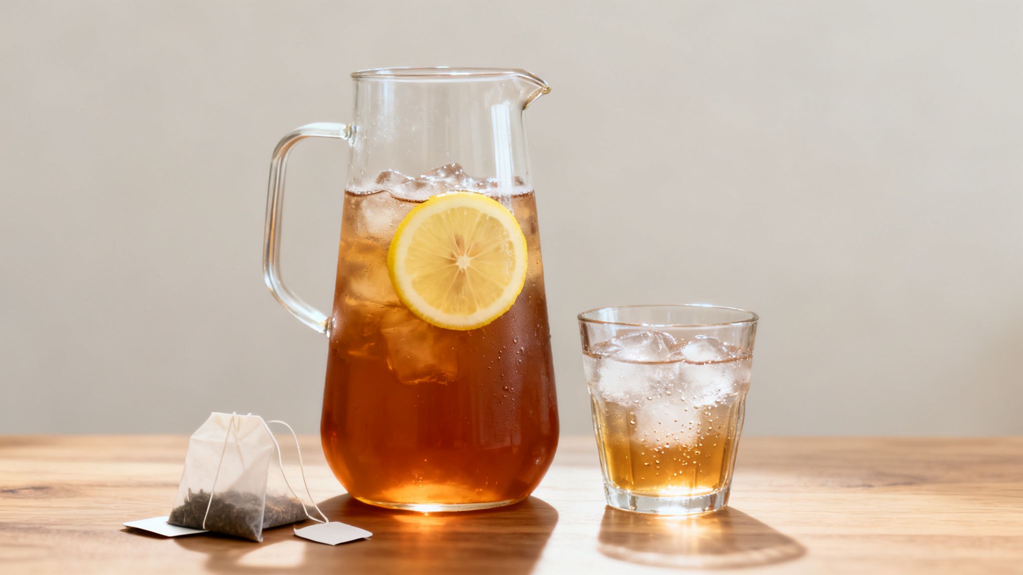 A pitcher and glass of iced tea with a lemon slice and two tea bags on a wooden table.