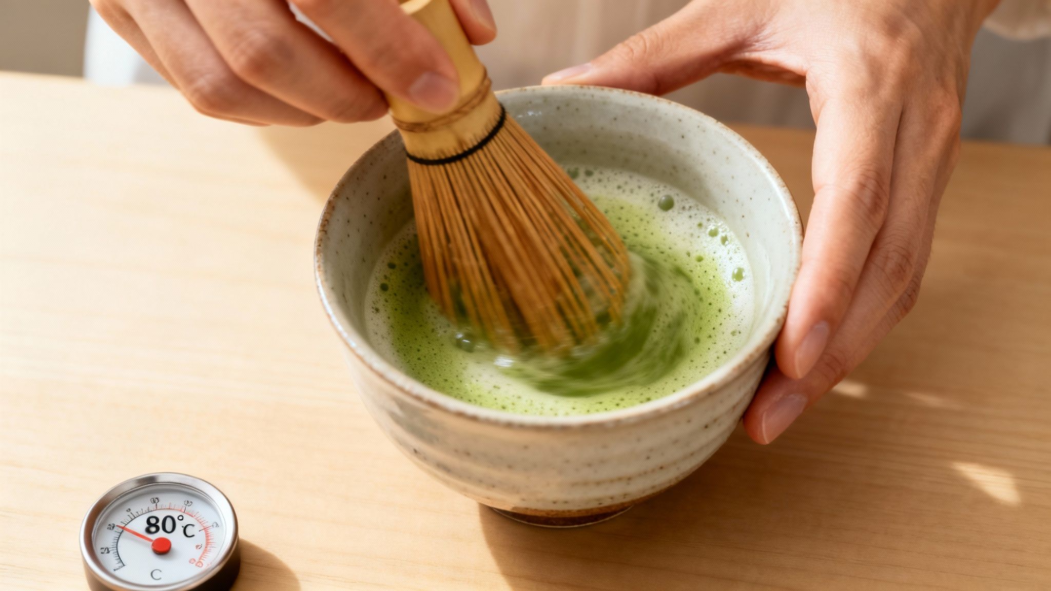 Hands whisking bright green matcha tea in a ceramic bowl with a bamboo whisk, showing proper temperature.