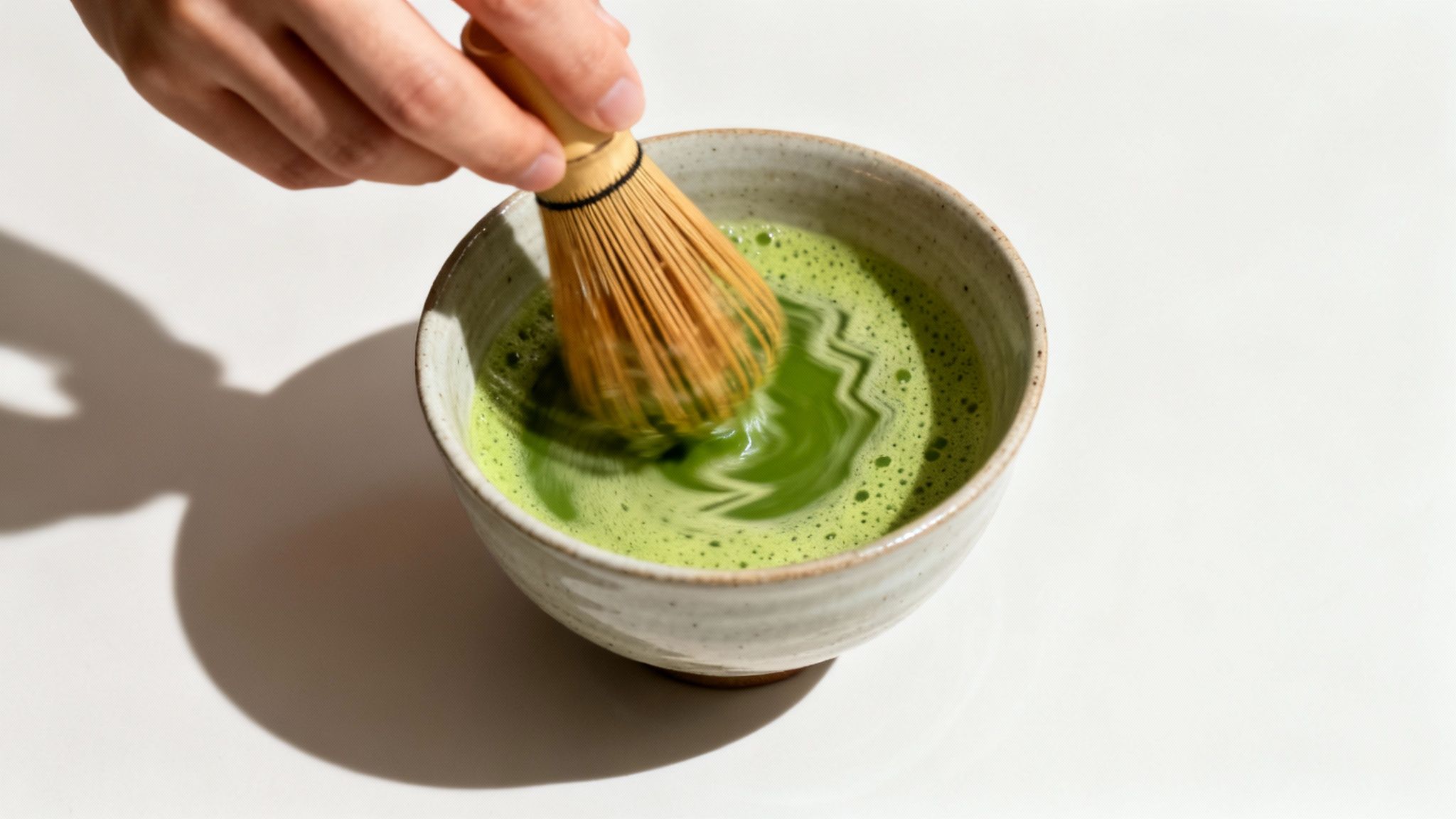 A person whisking matcha in a traditional bowl, demonstrating the correct zig-zag motion.