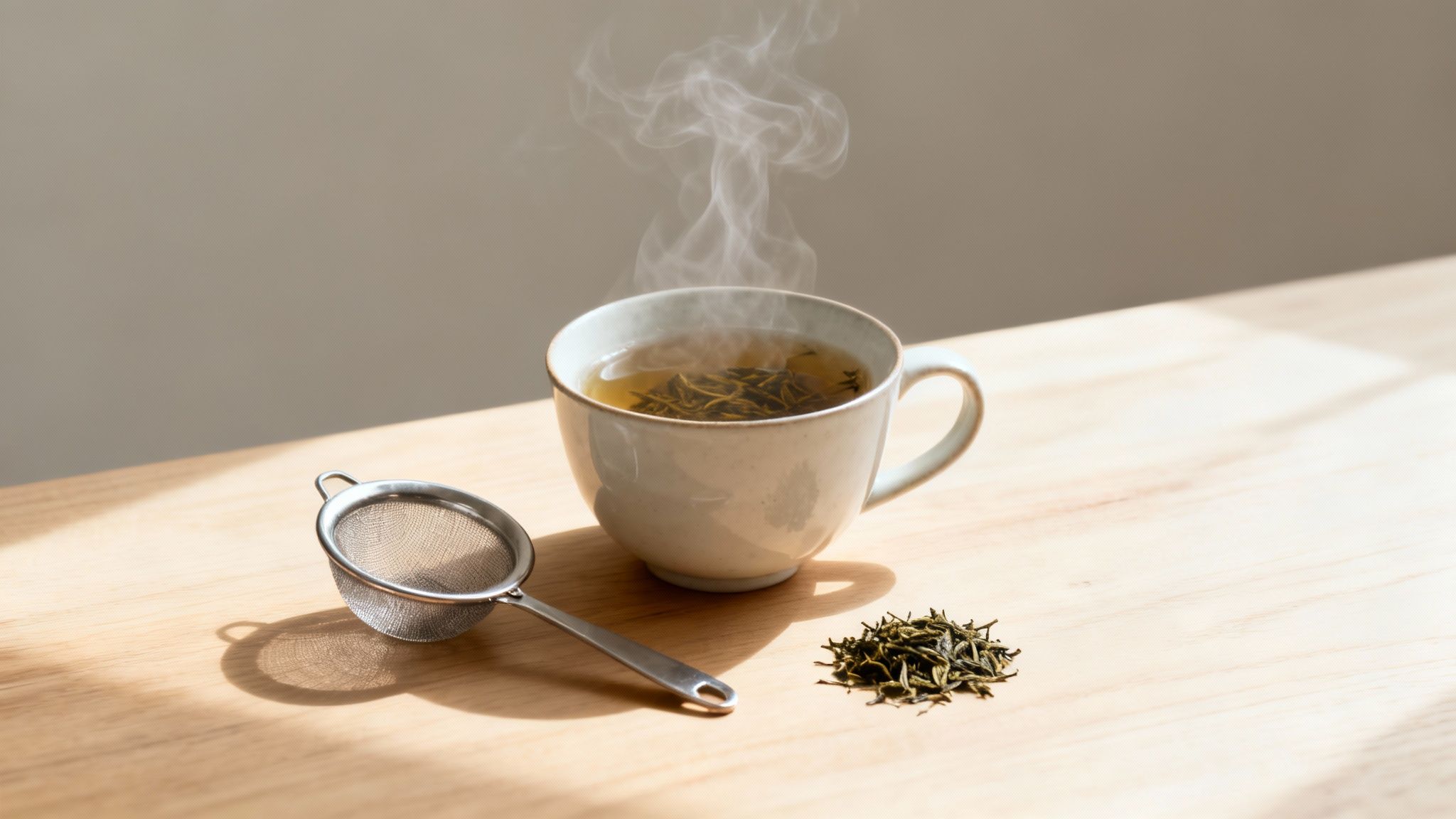A steaming cup of loose leaf tea, a metal strainer, and dry tea leaves on a wooden table.