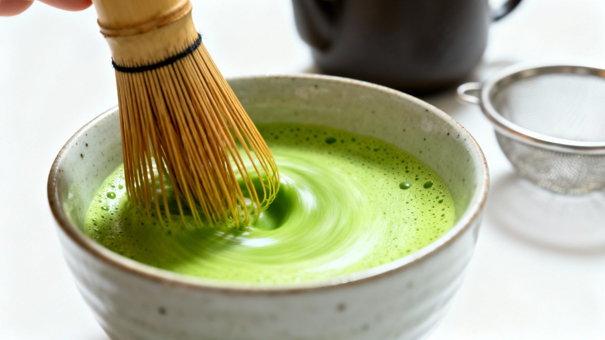A hand uses a bamboo whisk to prepare vibrant green matcha tea in a ceramic bowl.