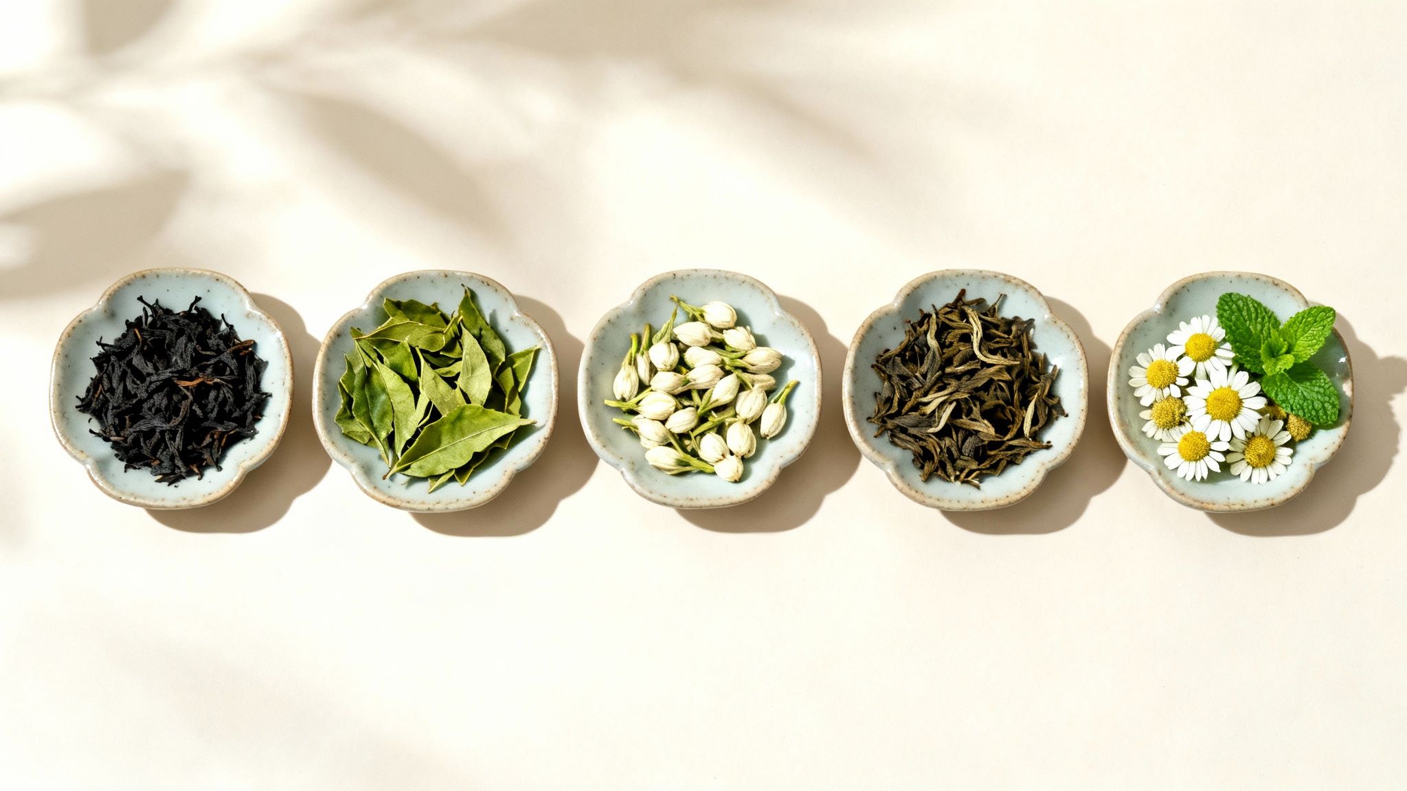 A beautiful assortment of different organic loose leaf teas, including black, green, white, and herbal varieties, displayed in small bowls.