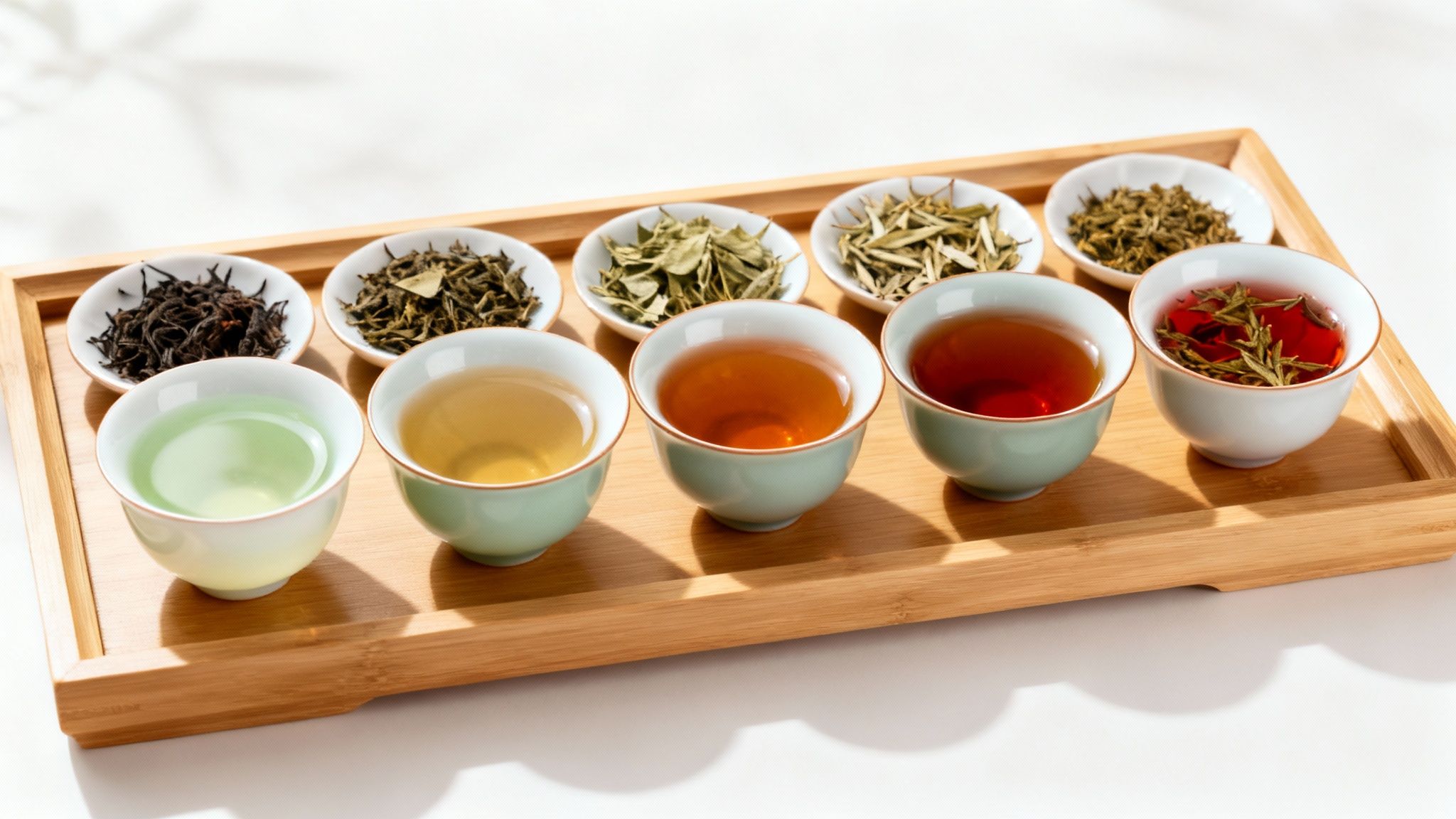 A wooden tray holding an assortment of loose leaf teas and corresponding brewed teas in small cups.