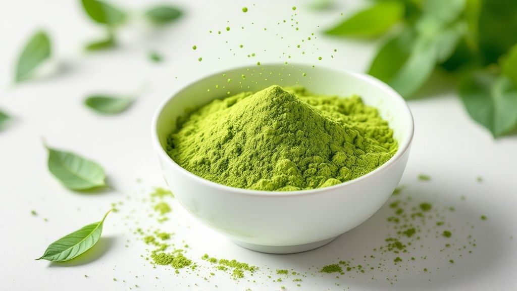 Vibrant green matcha powder being whisked in a traditional bowl