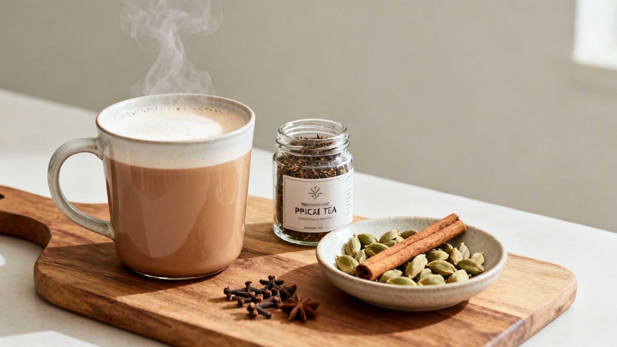 A steaming chai latte mug, loose leaf tea, and spices like cardamom and cinnamon on a wooden board.