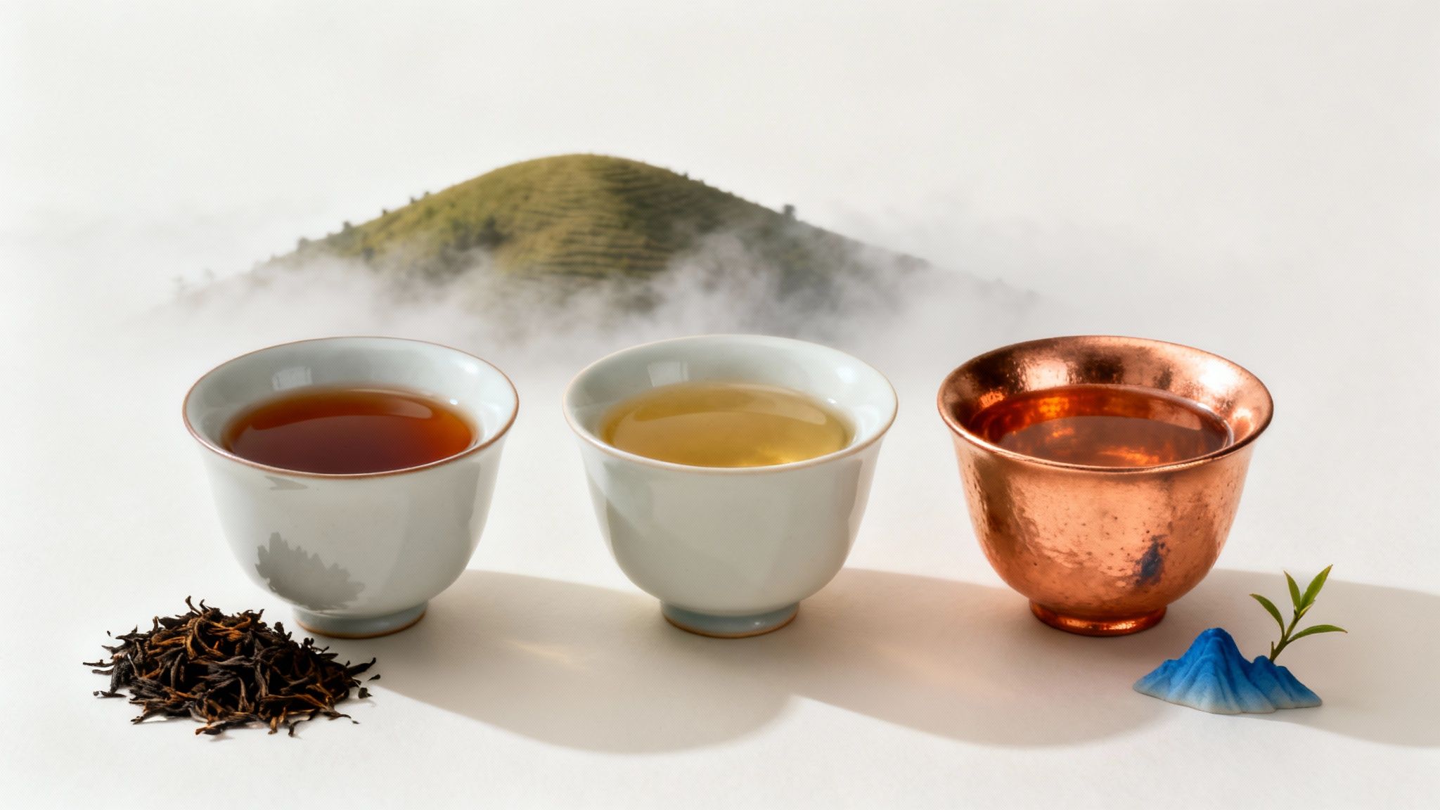 Three cups of various teas, dried leaves, and a tea sprout on a foggy tea plantation background.