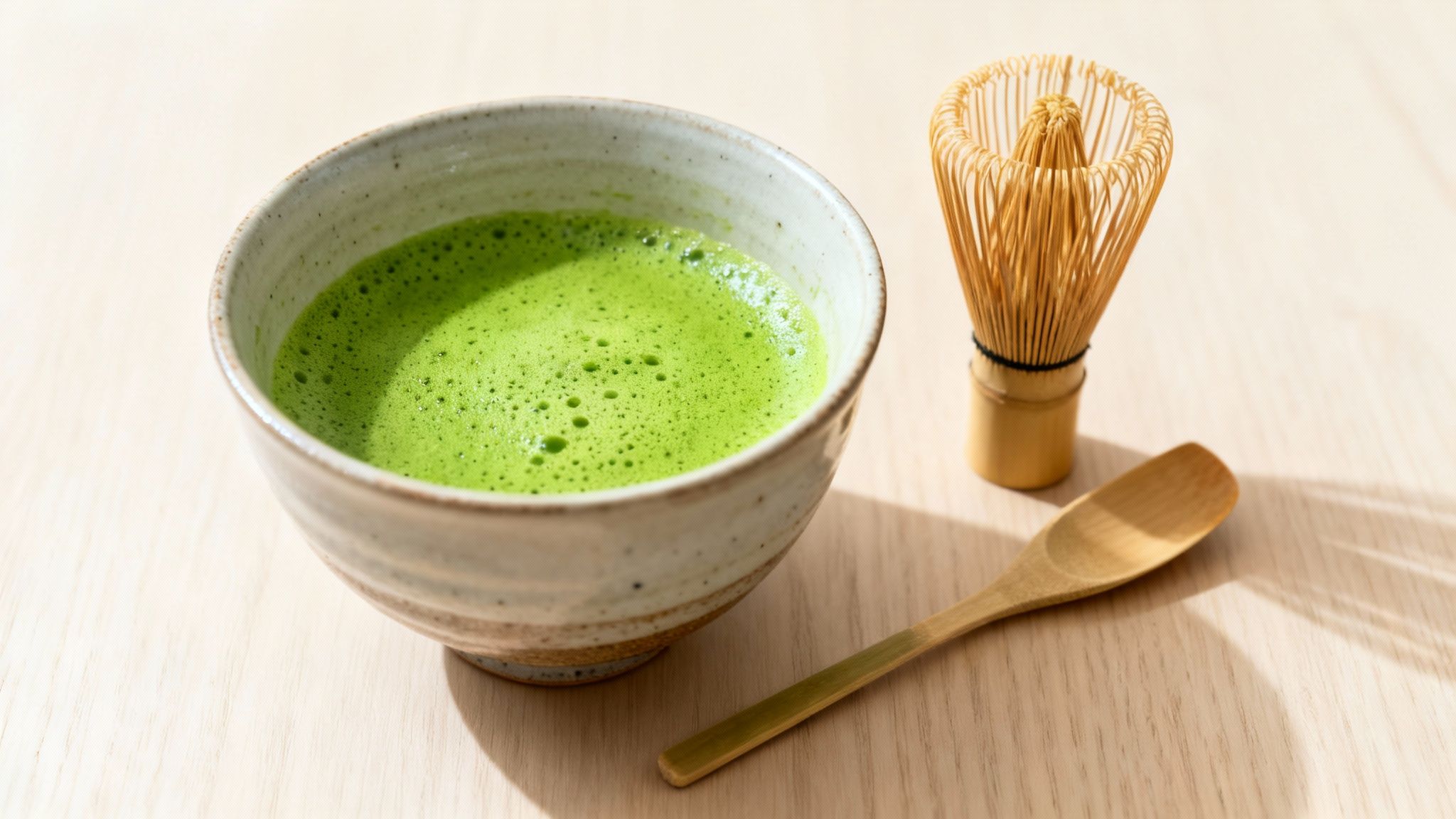Freshly whisked matcha tea in a ceramic bowl, with a bamboo whisk and spoon on a wooden table.