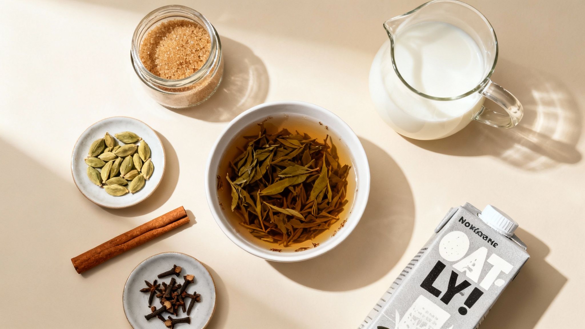 A flat lay of chai latte ingredients: tea leaves, milk, oat milk, sugar, cardamom, cinnamon, and cloves.