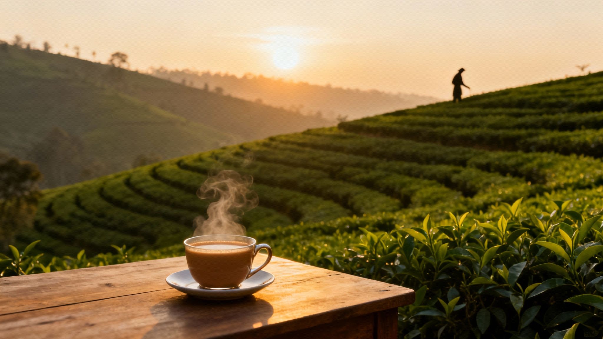 Steaming cup of tea on a wooden table overlooking a vast tea plantation at sunrise with a worker.